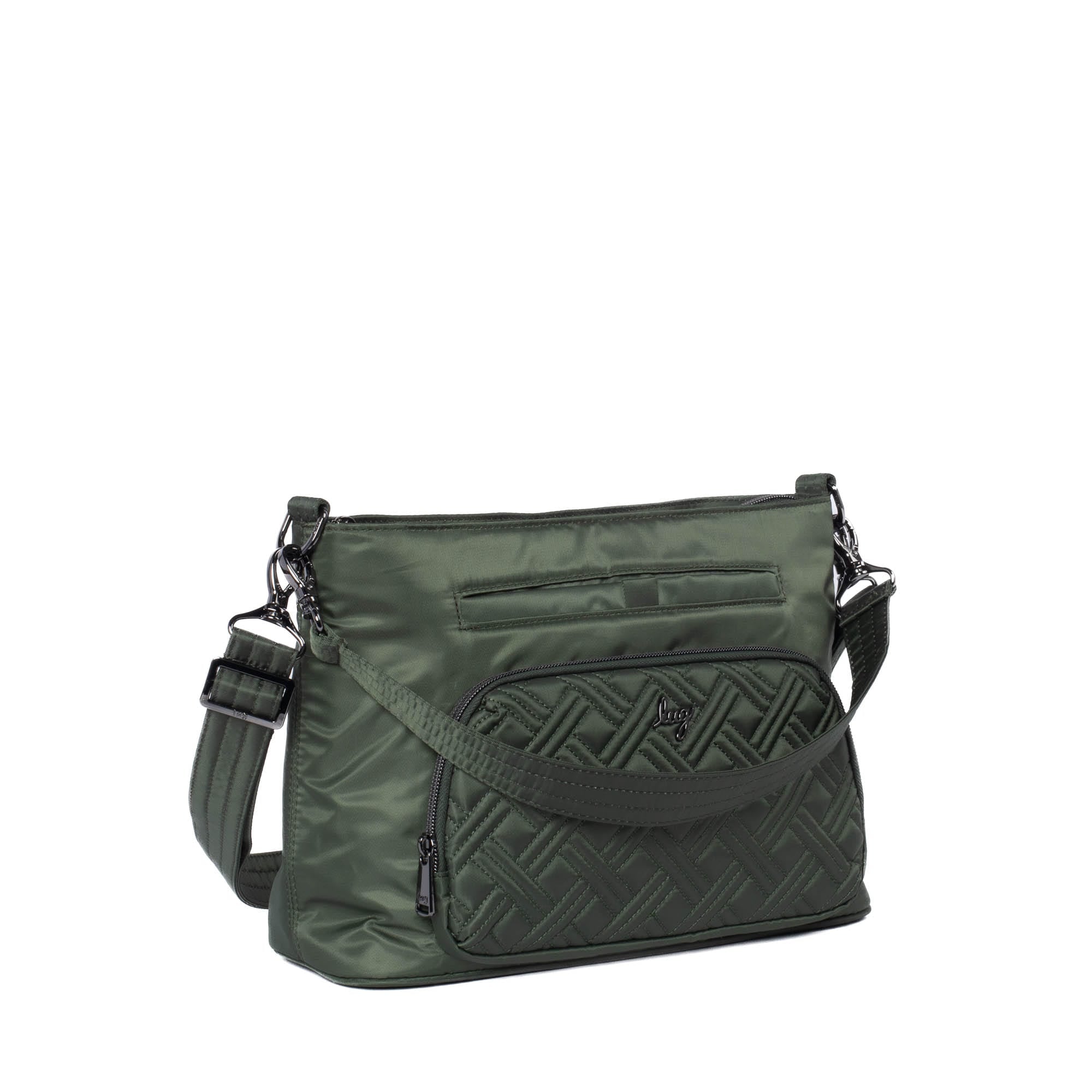 Olive green Lug Samba 2 convertible crossbody bag with adjustable strap and multiple compartments, casual and functional style.