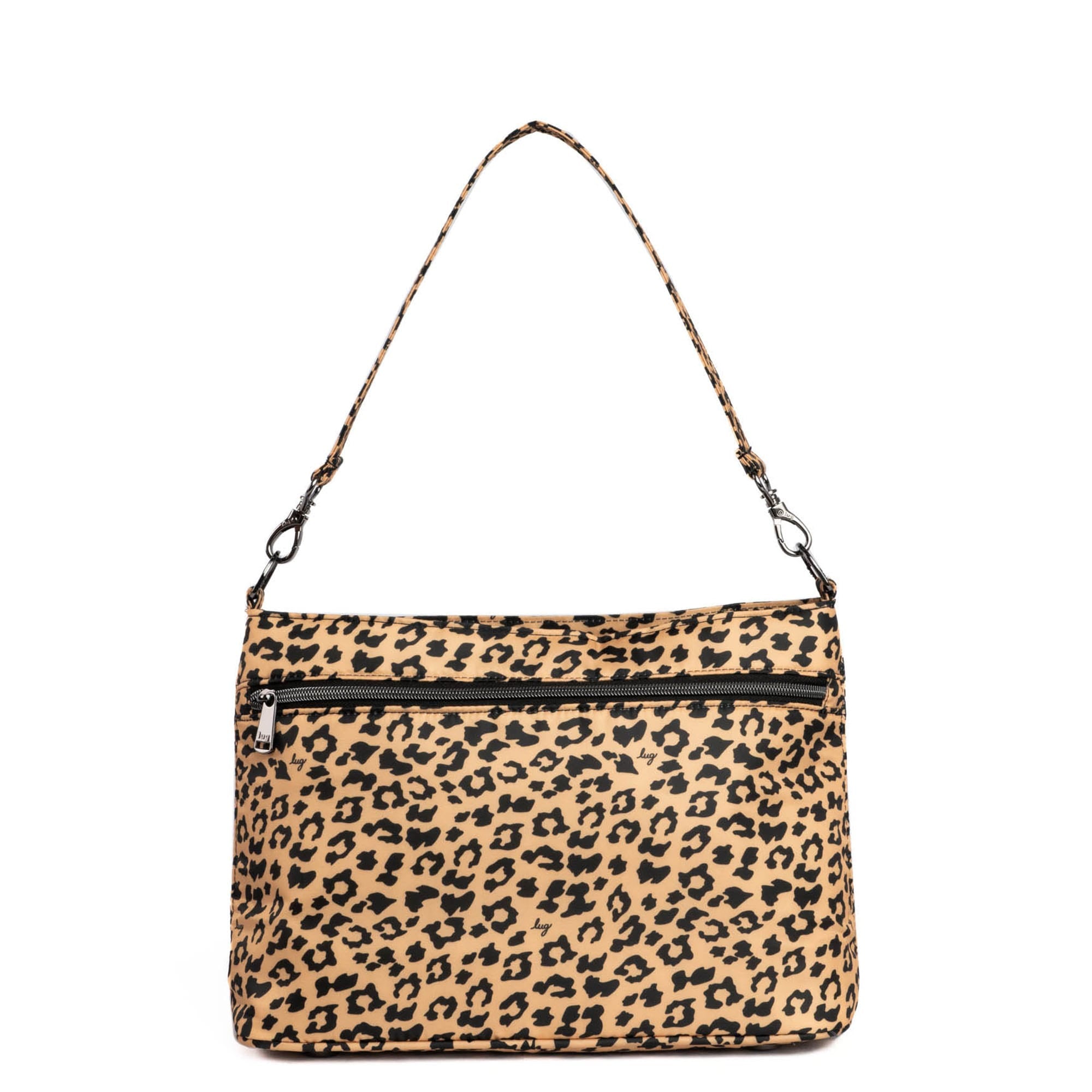 Lug Samba 2 convertible crossbody bag in spotted leopard print with black accents, showcasing adjustable strap and stylish design.