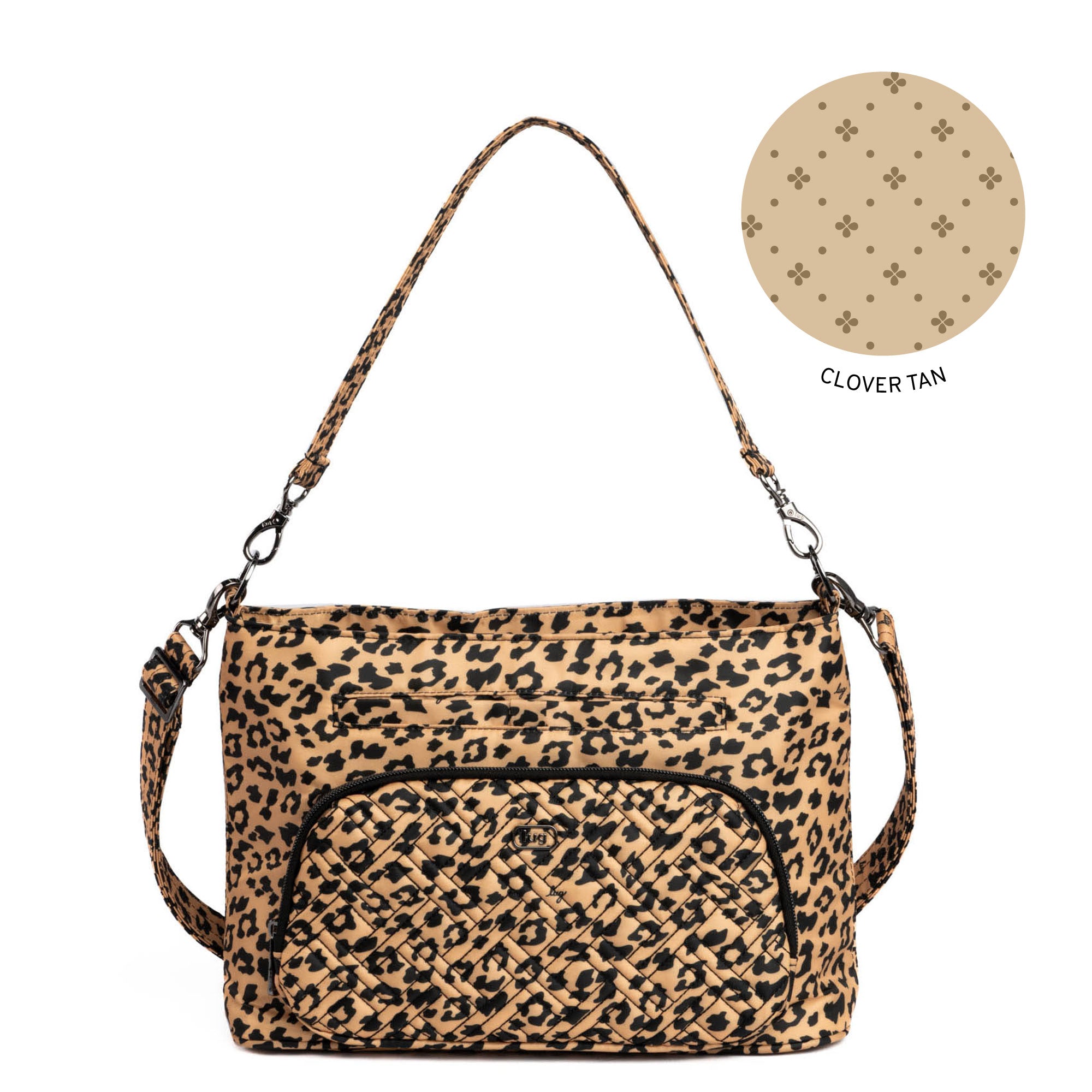 Lug Samba 2 convertible crossbody bag in spotted leopard pattern with adjustable strap and zip closure.