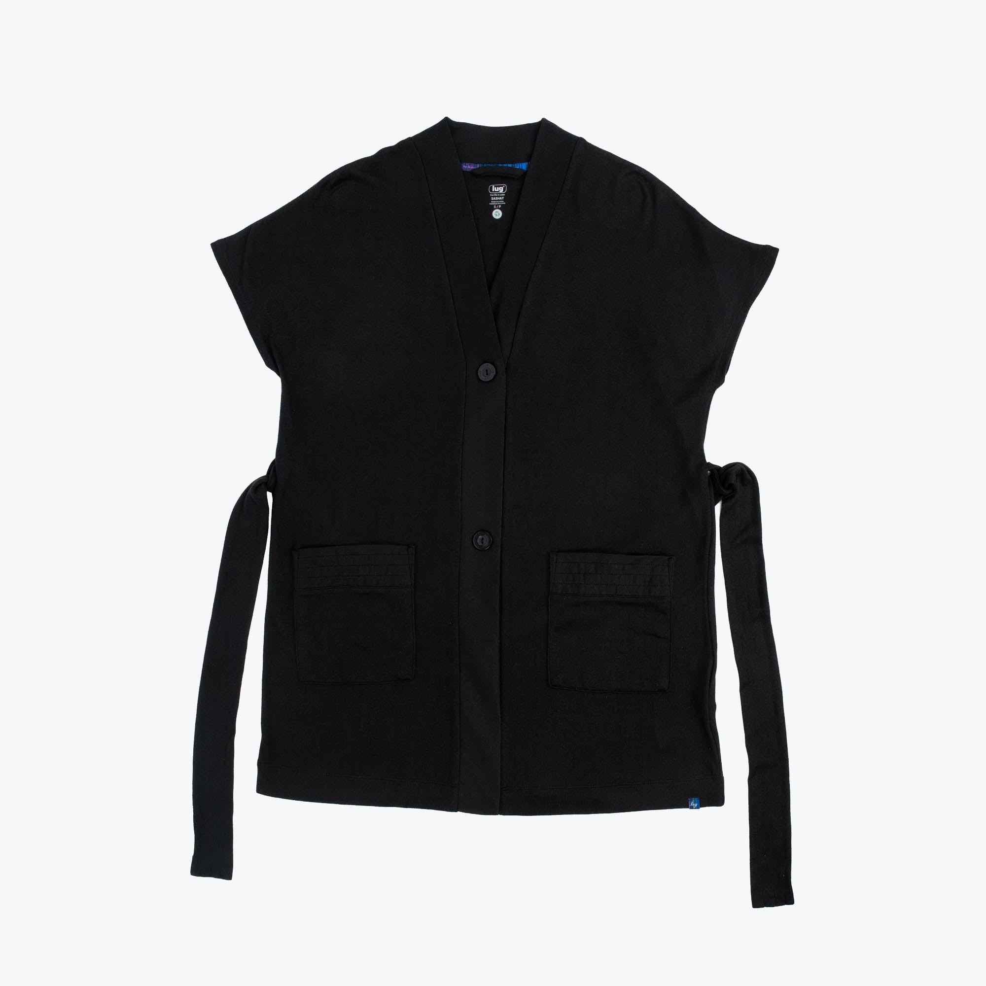 Sashay Lounge Wrap Vest - ISLAND TILE BLUE - SashayLoungeVest_Black_Flatlay