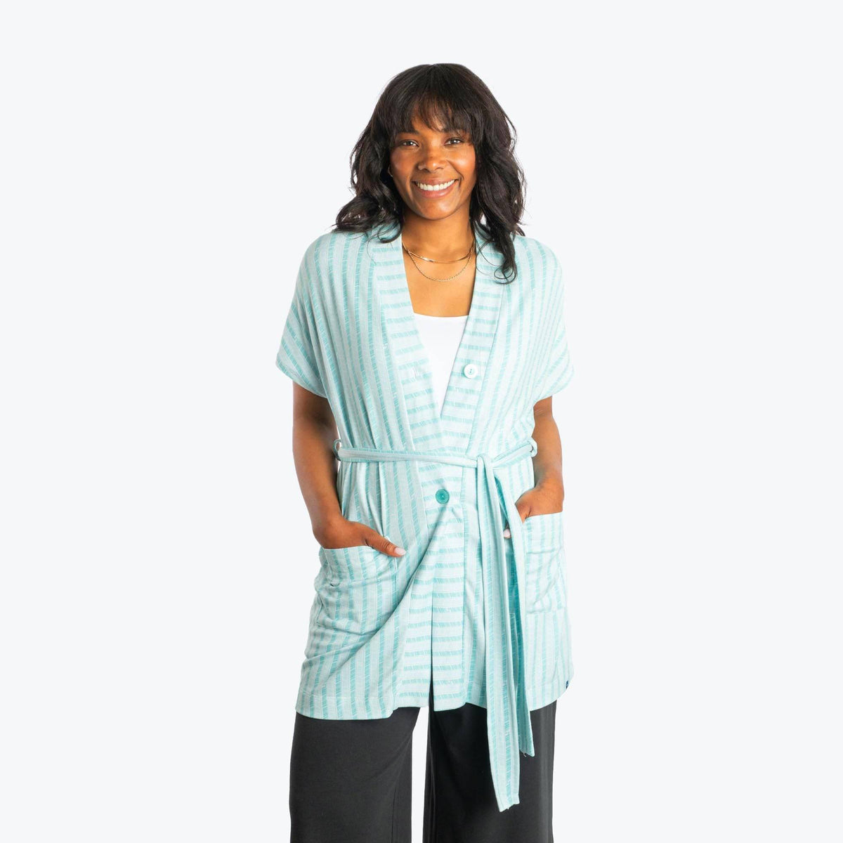Sashay Lounge Wrap Vest - - SashayLoungeVest_RadiateStripeAqua_01