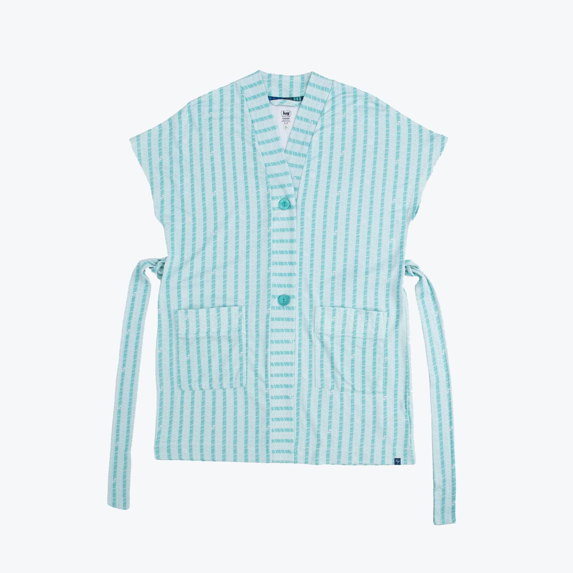 Sashay Lounge Wrap Vest - RADIATE STRIPE AQUA - SashayLoungeVest_RadiateStripeAqua_Flatlay