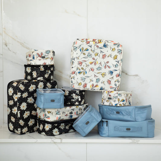 Lug Sky Cubbies storage container set in sky blue, neatly stacked with lids, ideal for organizing home essentials.