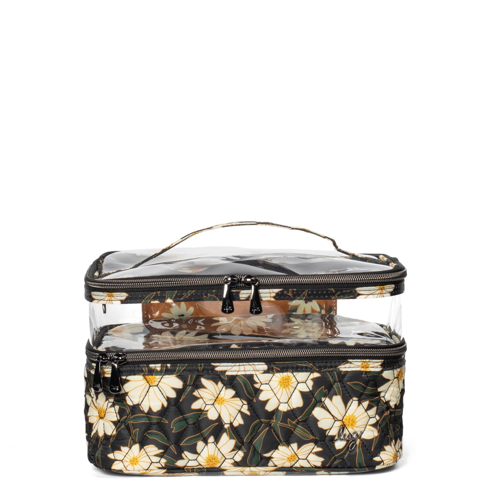 Lug Whoosh Clearview cosmetic case with autumn daisies pattern, transparent design showing compartments for makeup and beauty essentials.