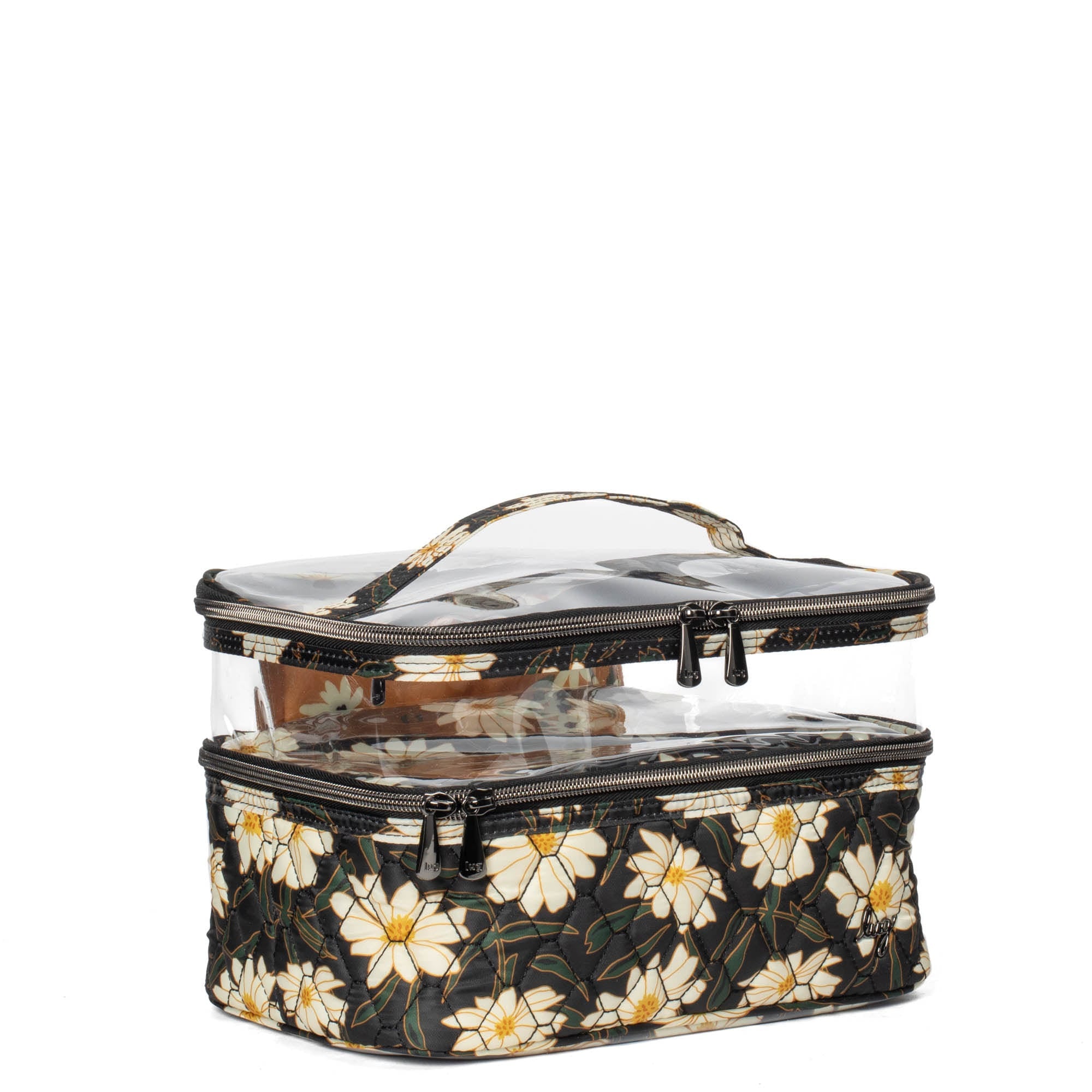 Lug Whoosh Clearview cosmetic case with autumn daisies pattern, transparent design, and multiple compartments for organizing beauty products.