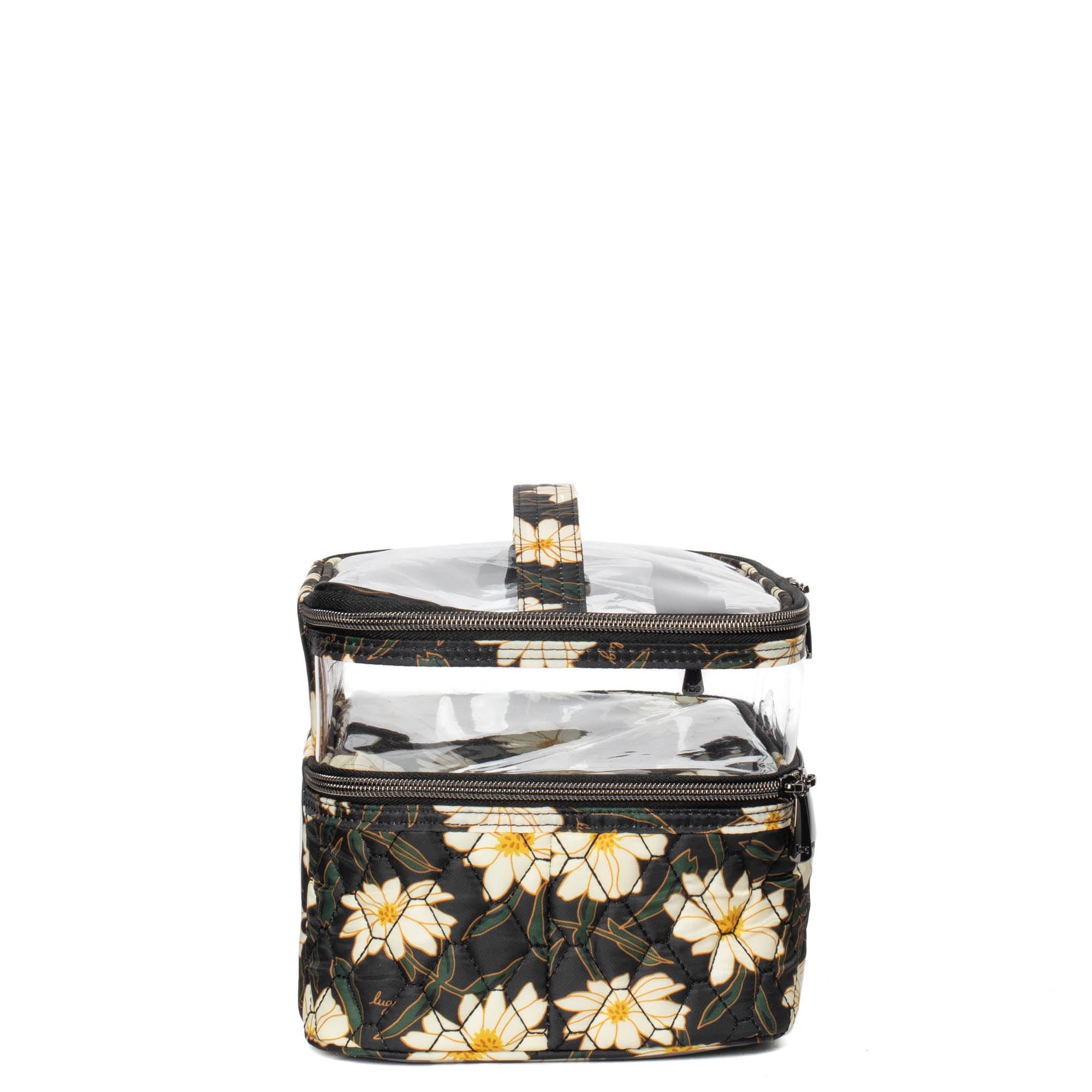 Lug Whoosh Clearview cosmetic case with autumn daisies design, transparent main compartment, and zipper closure for makeup storage.