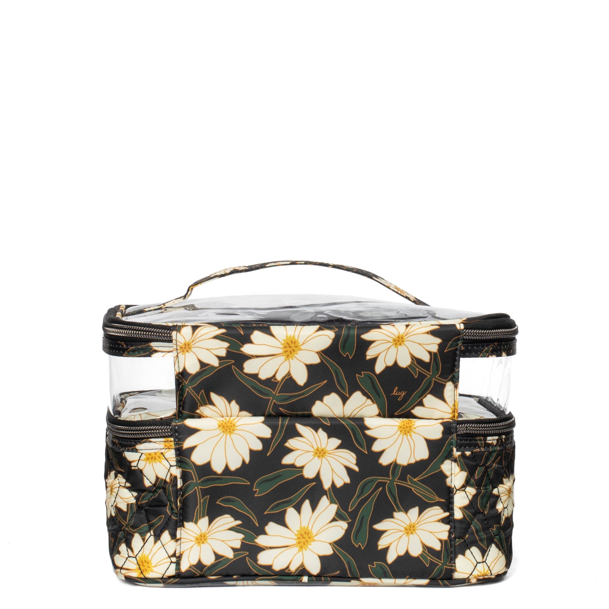 Lug Whoosh Clearview cosmetic case with autumn daisies pattern, transparent design for organizing makeup and beauty essentials.