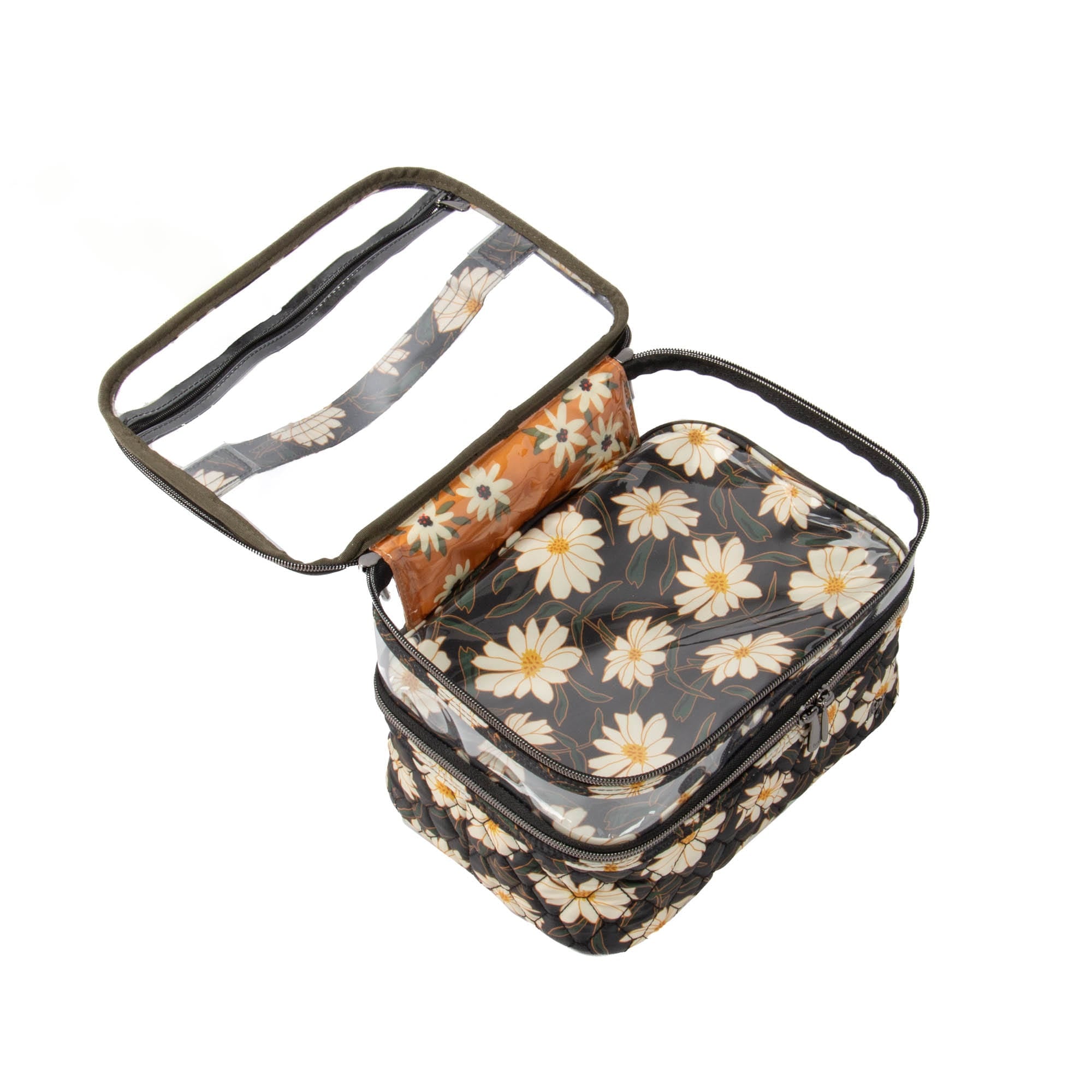 Whoosh Clearview cosmetic case by Lug featuring a transparent design with autumn daisies pattern for organized makeup storage.