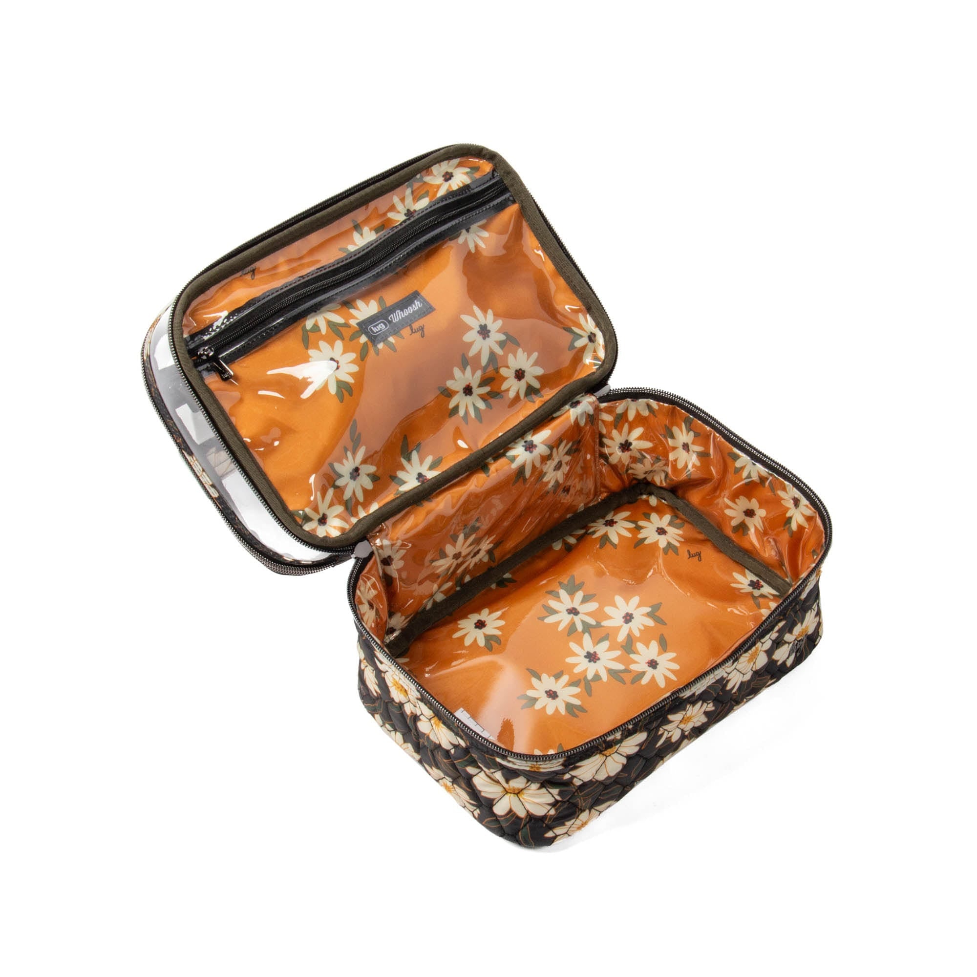 Clearview cosmetic case by Lug featuring autumn daisies design, with organized compartments for beauty essentials.