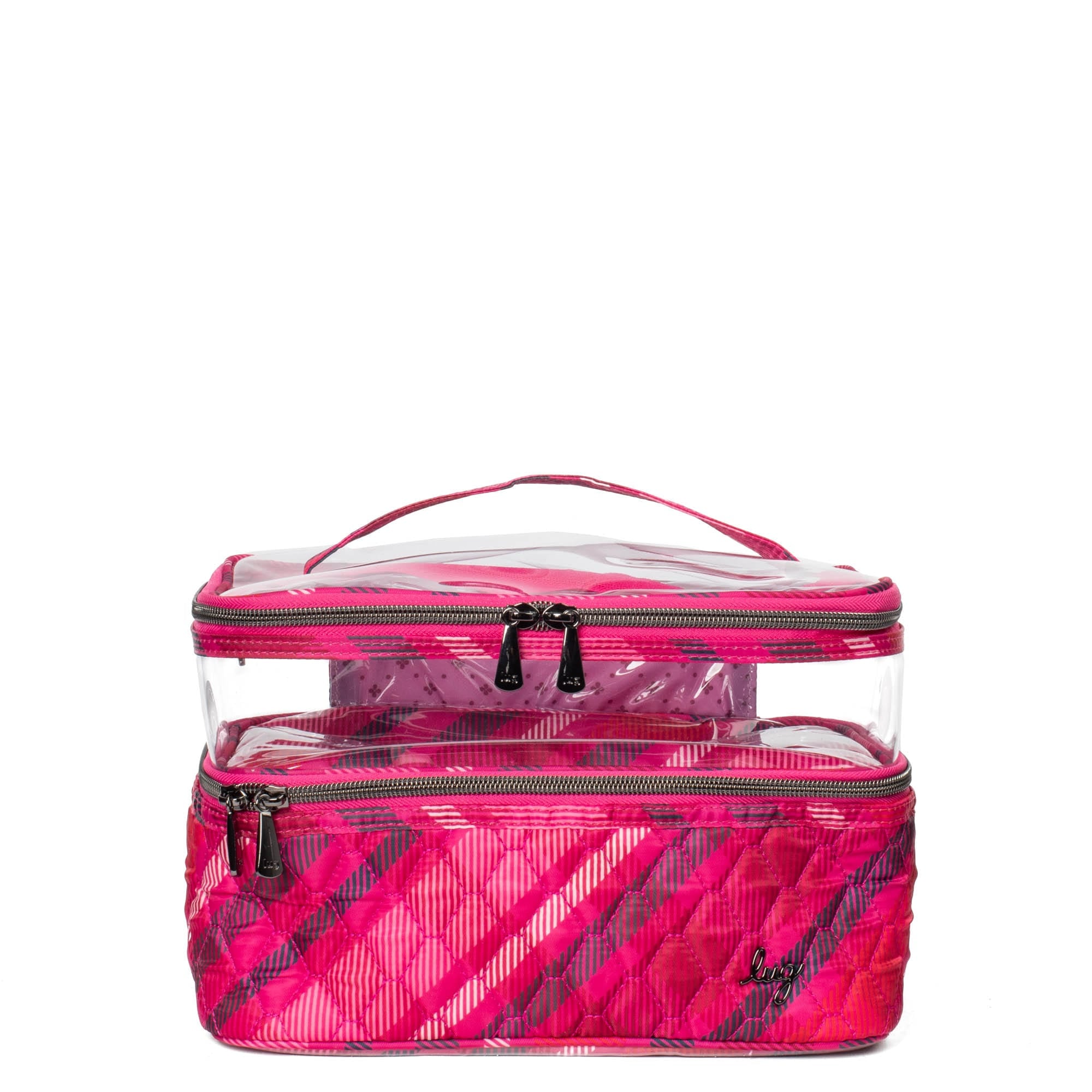 Lug Whoosh Clearview cosmetic case in berry plaid design, transparent exterior with zipper closure for makeup and beauty essentials.