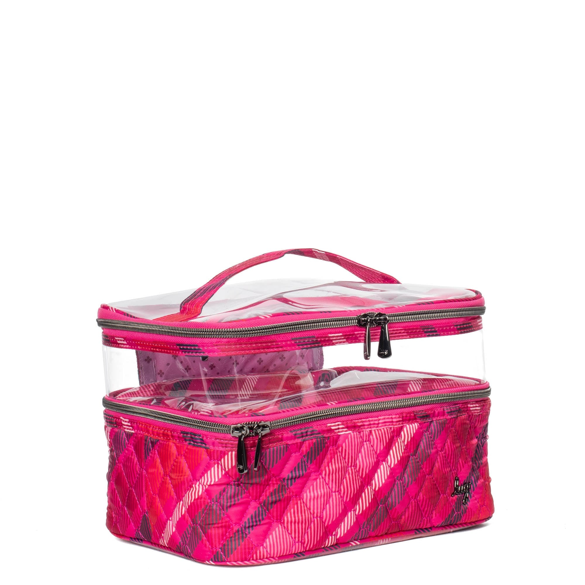 Lug Whoosh Clearview cosmetic case with berry plaid pattern, featuring transparent compartments for makeup and beauty essentials.