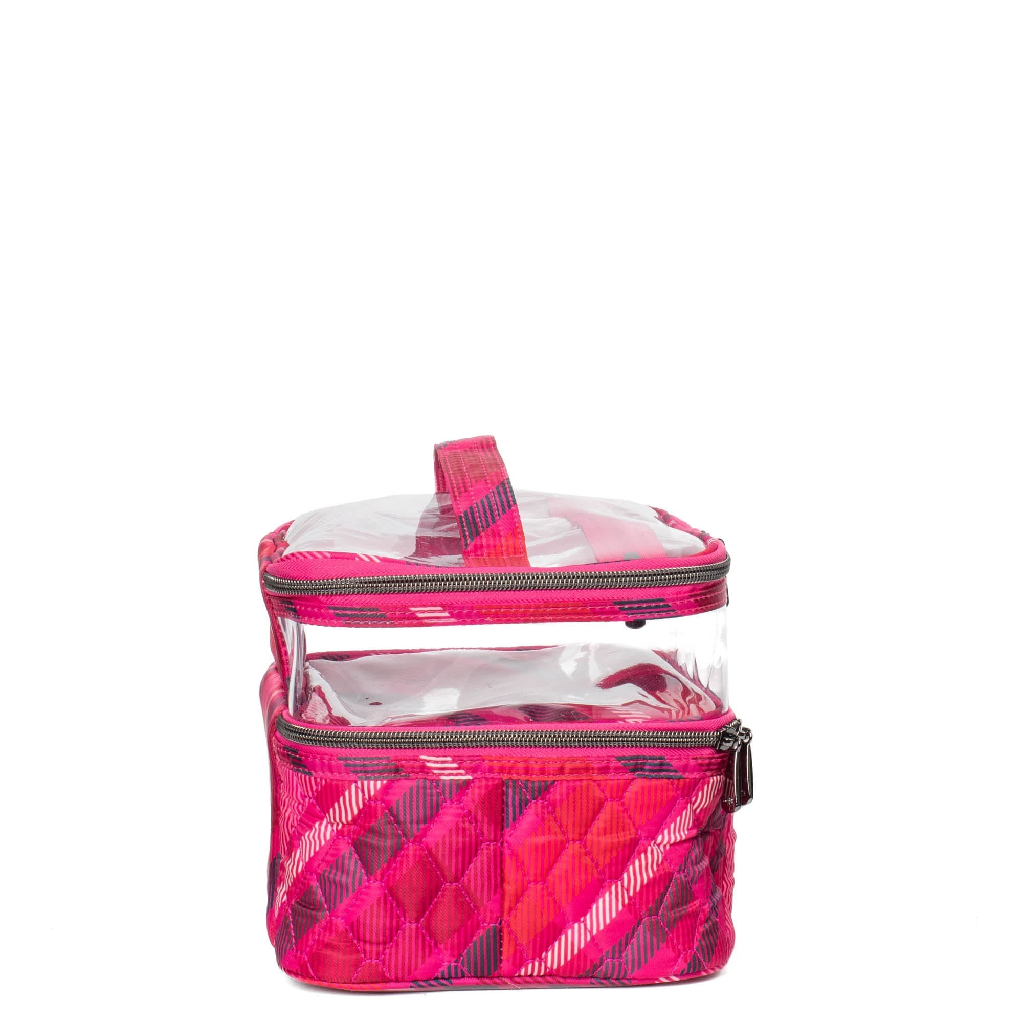 Lug Whoosh Clearview cosmetic case with berry plaid pattern, transparent design for easy makeup and toiletries organization.