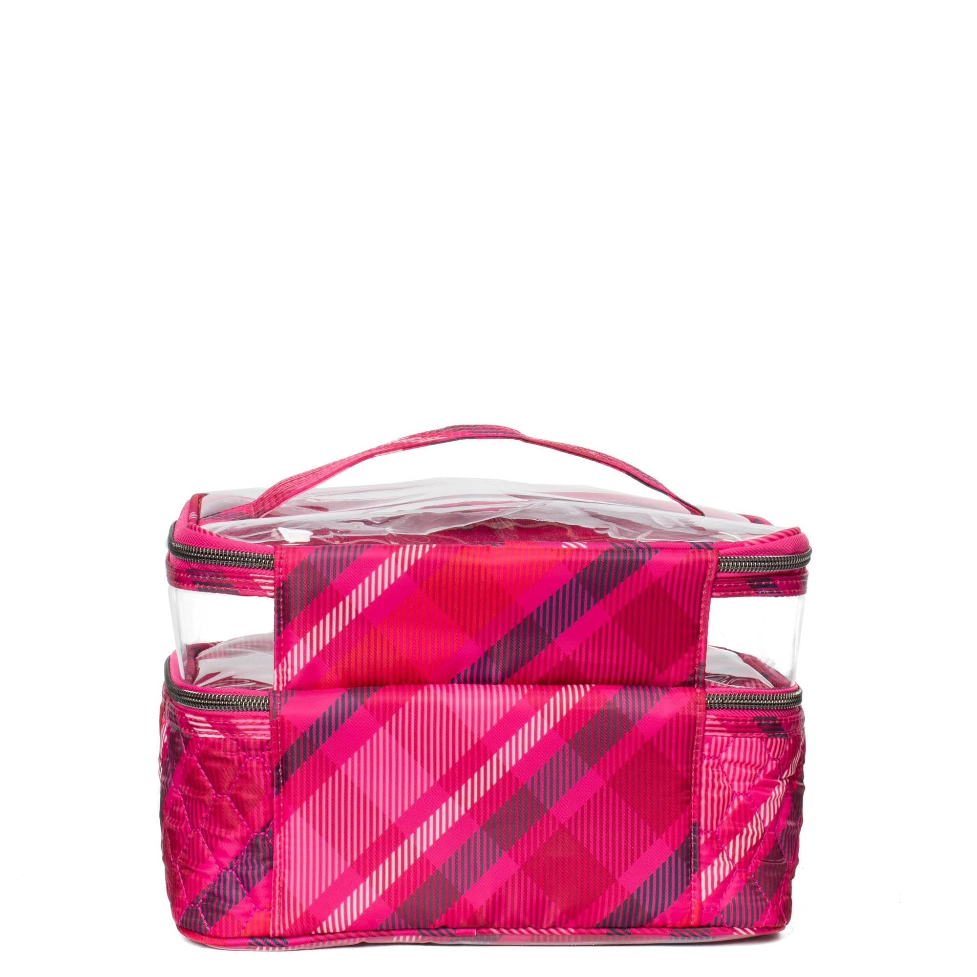 Lug Whoosh Clearview cosmetic case with berry plaid pattern, featuring transparent compartments for organizing makeup and beauty products.
