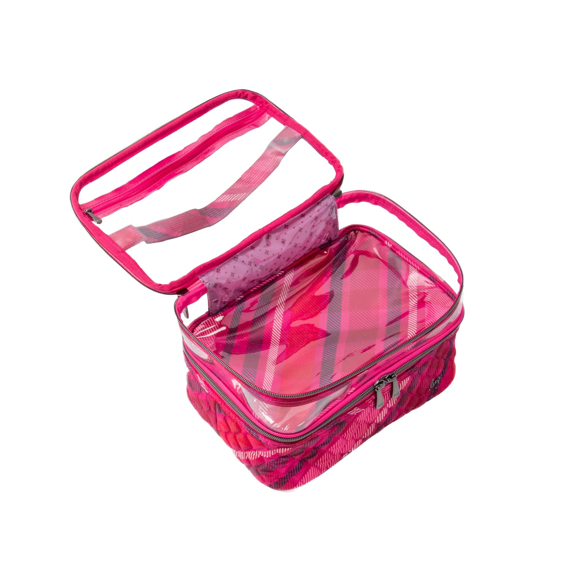 Lug Whoosh Clearview cosmetic case with berry plaid pattern, transparent window for storing makeup and beauty essentials.