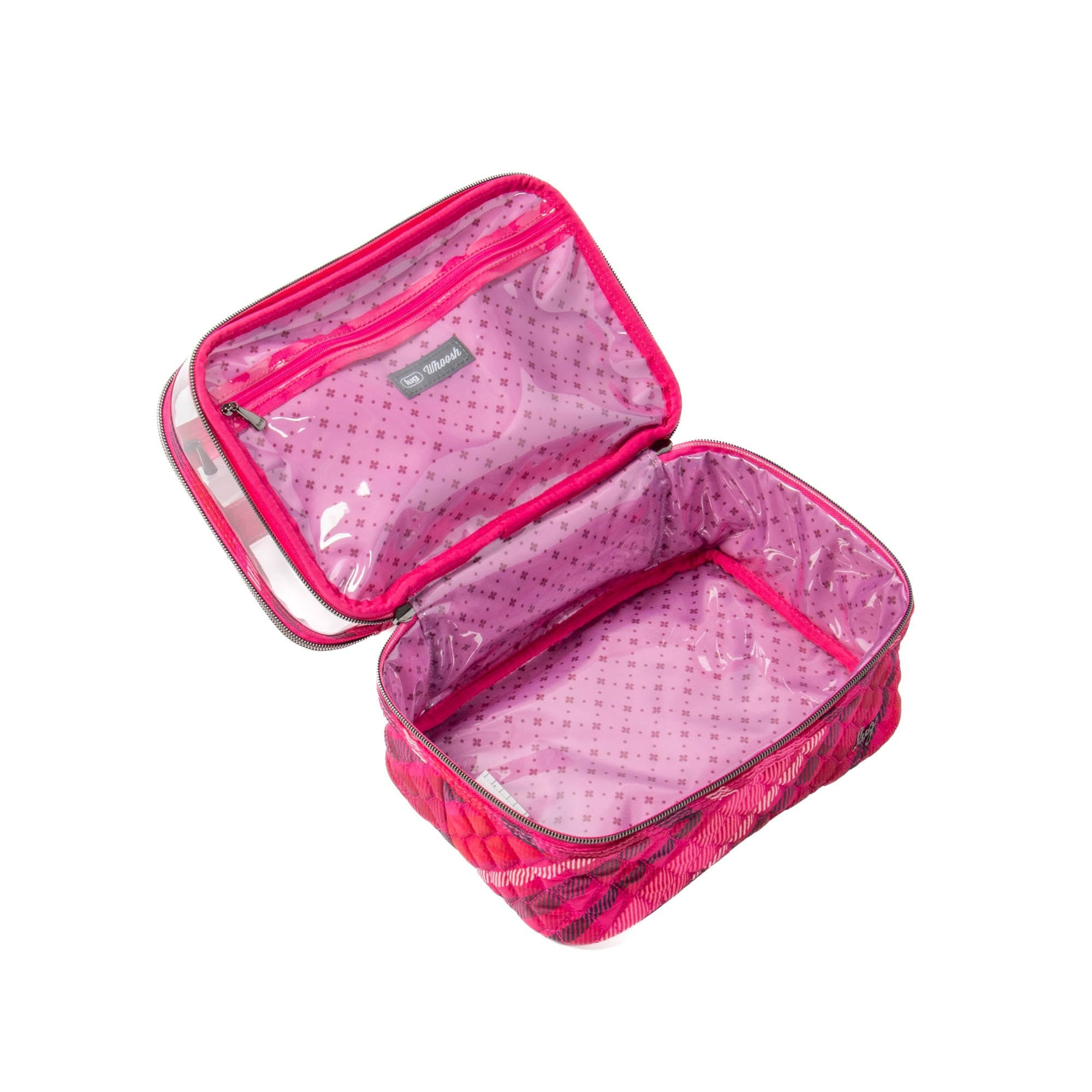 Lug Whoosh Clearview cosmetic case in berry plaid pattern with transparent compartments for makeup storage.
