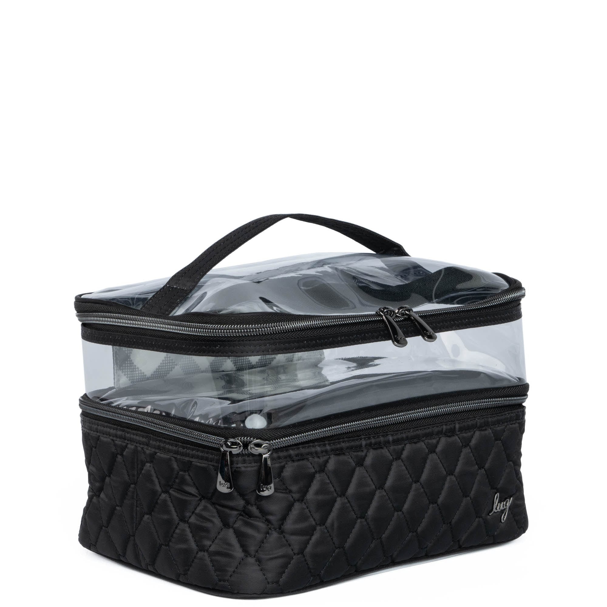 Black Whoosh Clearview cosmetic case by Lug with transparent compartments and zipper closure for organized makeup storage.