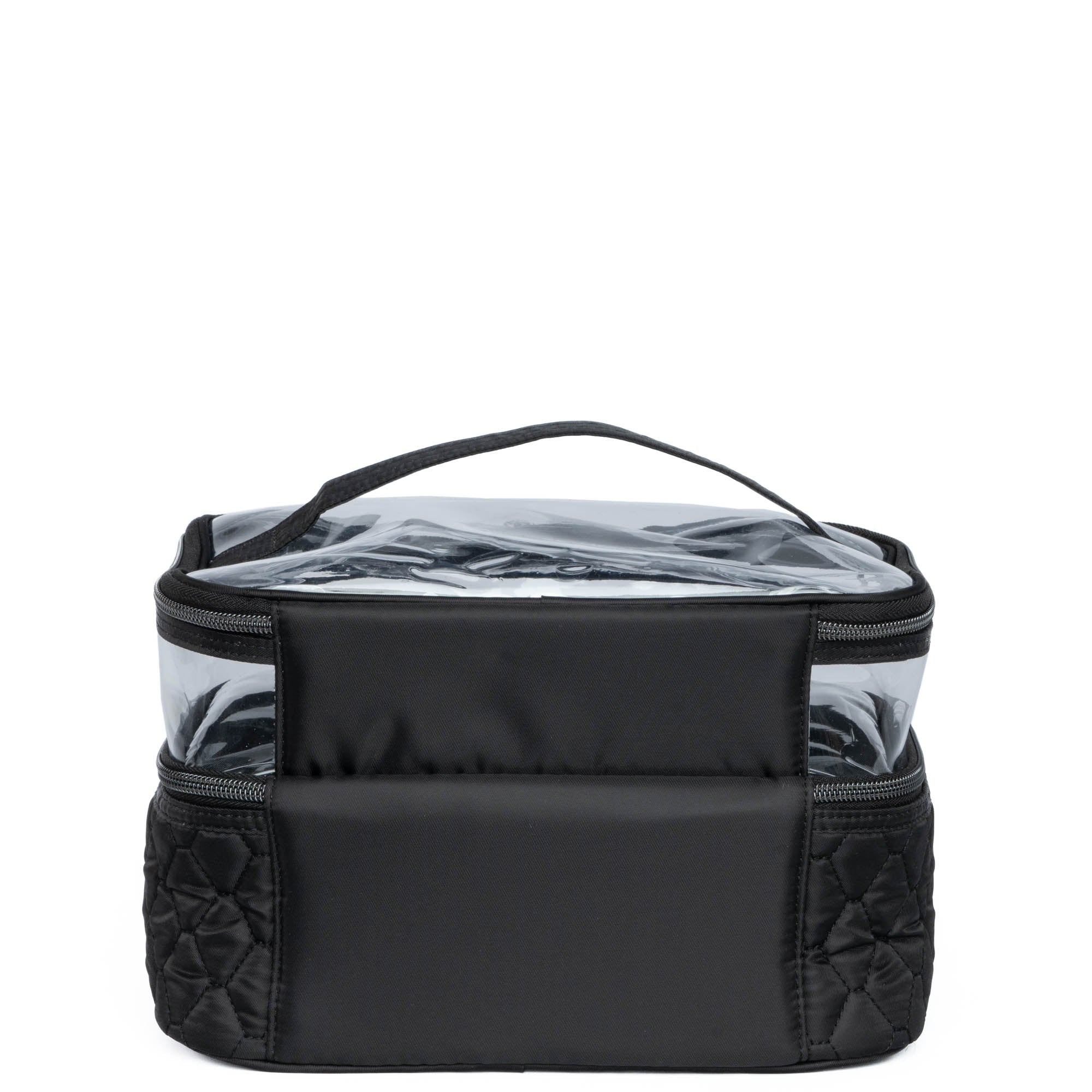 Black Whoosh Clearview cosmetic case by Lug with transparent compartments for organizing makeup and beauty essentials.