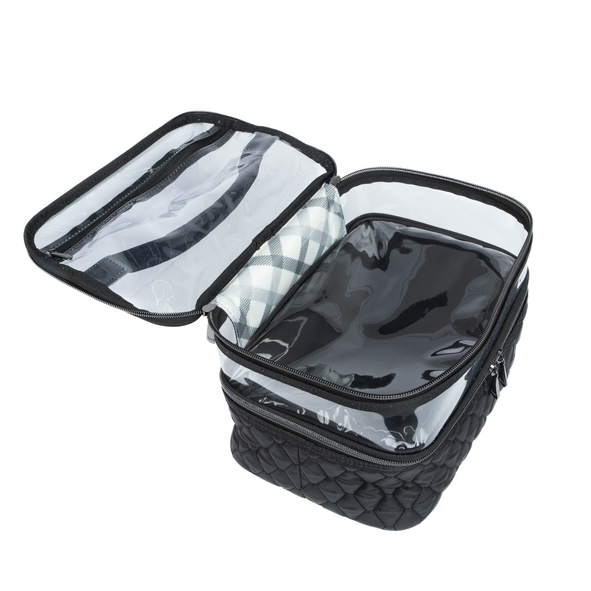 Black Whoosh Clearview cosmetic case by Lug with transparent compartments for organizing makeup and beauty essentials.
