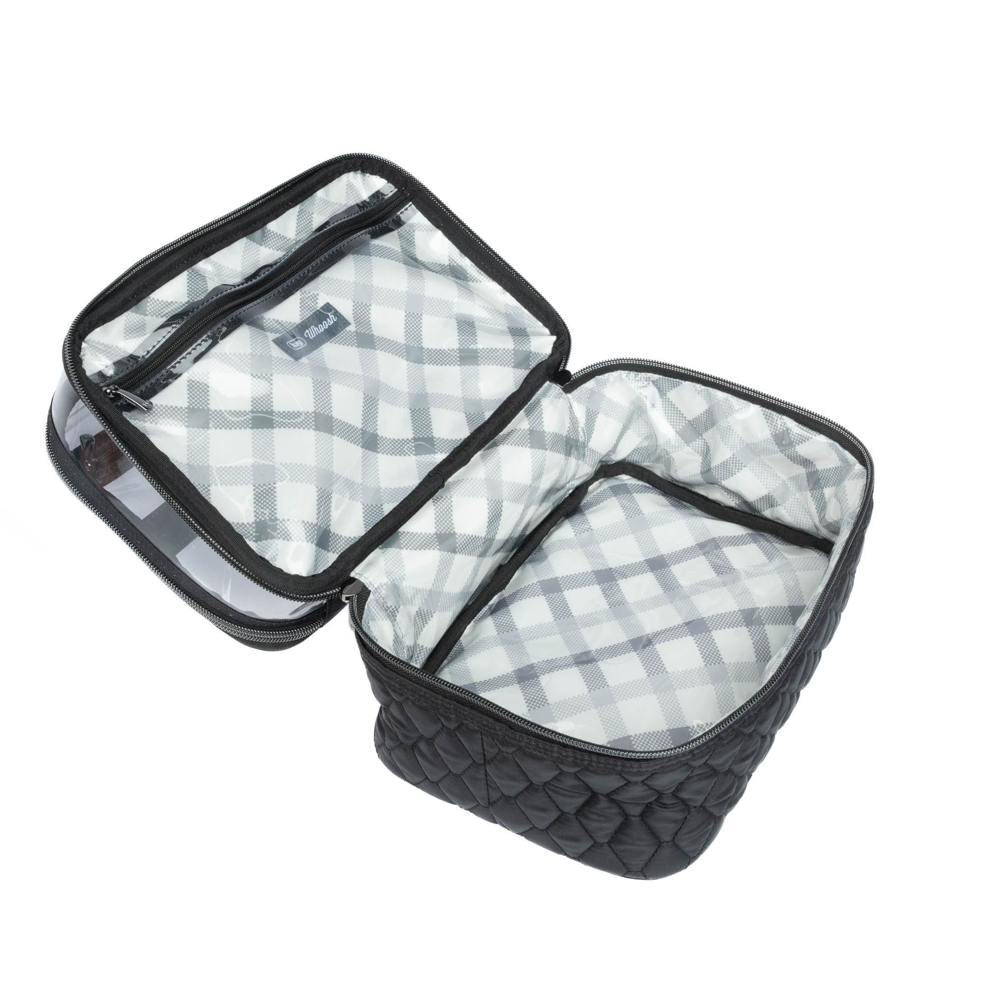 Black Whoosh Clearview cosmetic case by Lug, showing multiple compartments and a transparent design for organized makeup storage.