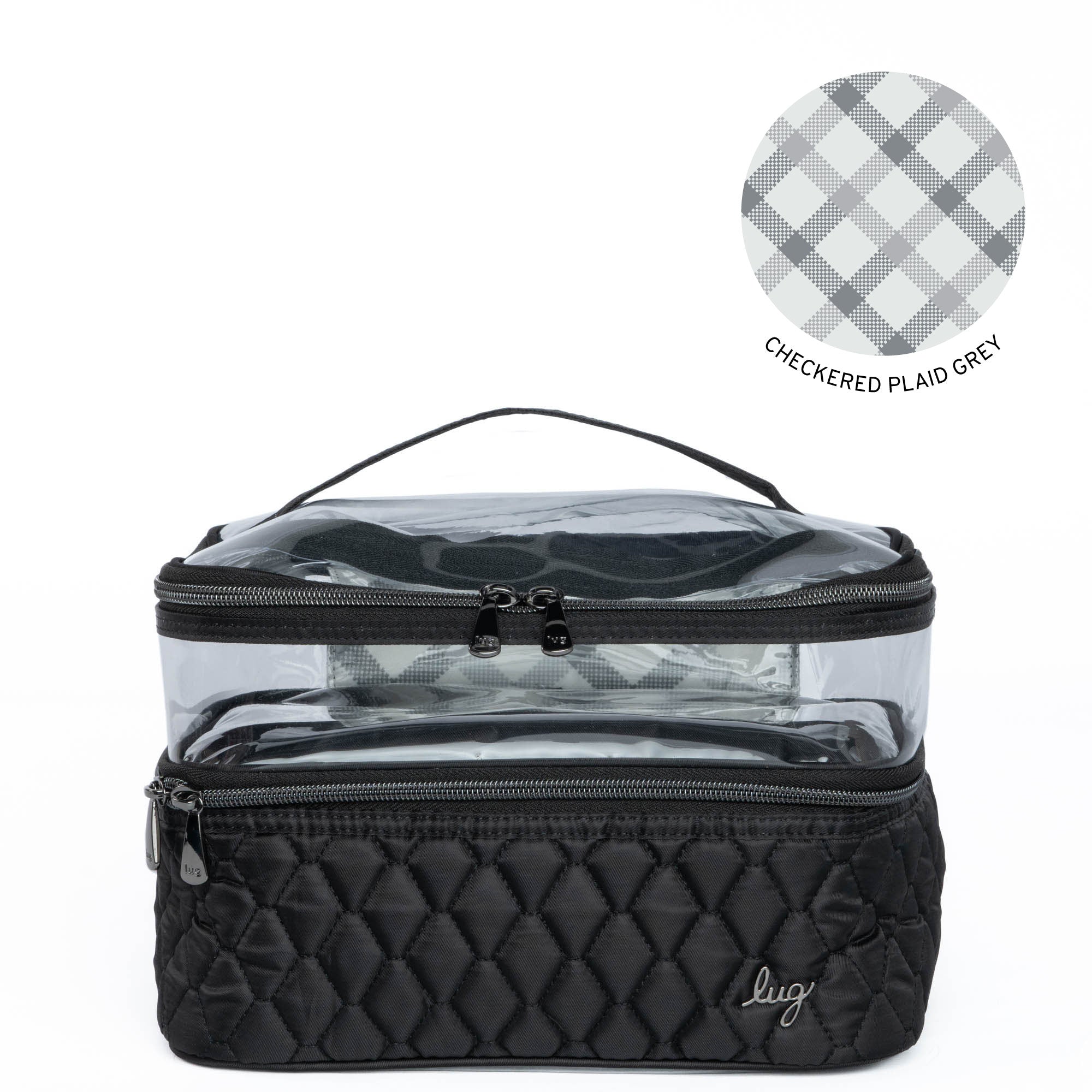 Black Whoosh Clearview cosmetic case by Lug, featuring transparent compartments and compact design for makeup storage.