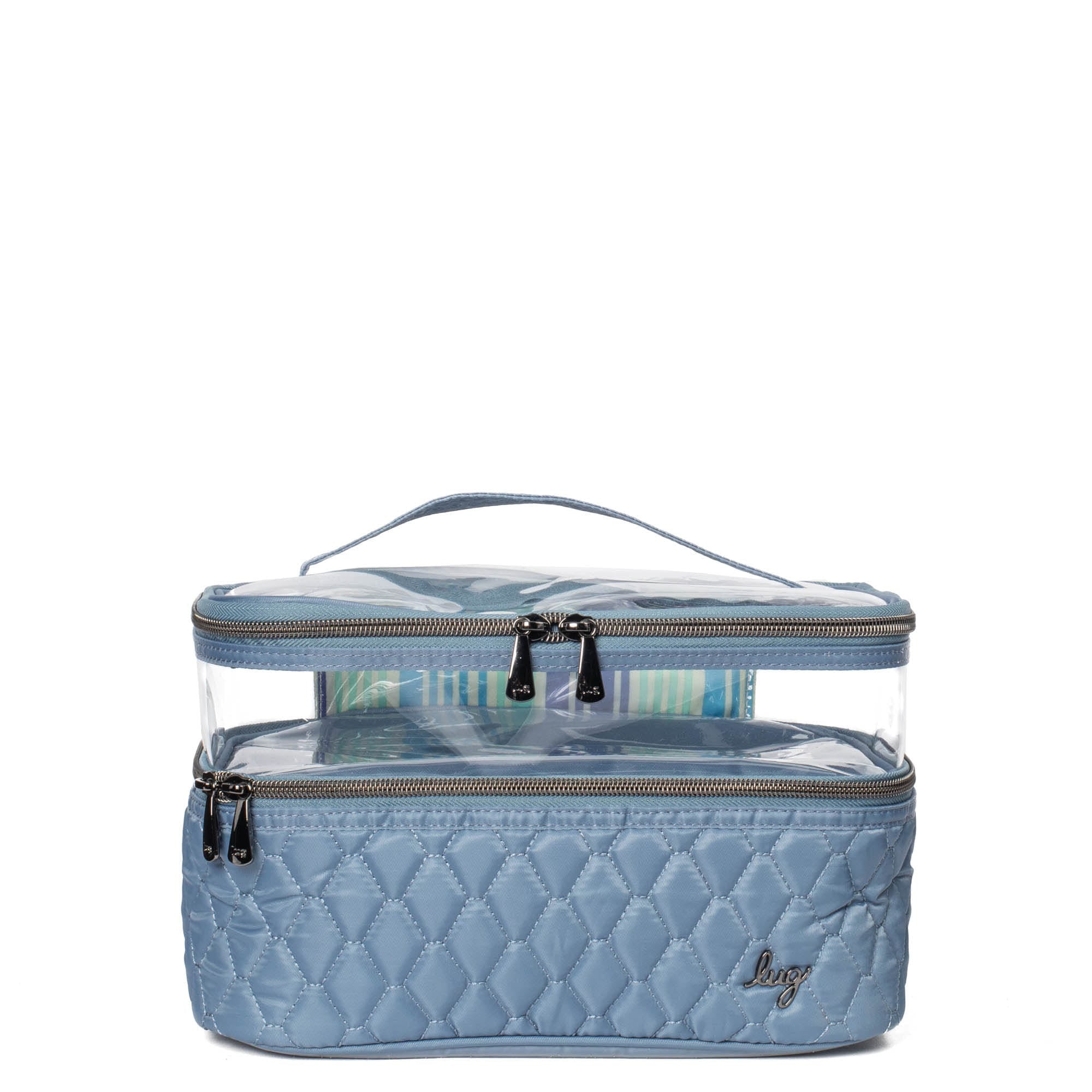 Blue Lug Whoosh Clearview cosmetic case with transparent panels and multiple compartments for organizing beauty essentials.