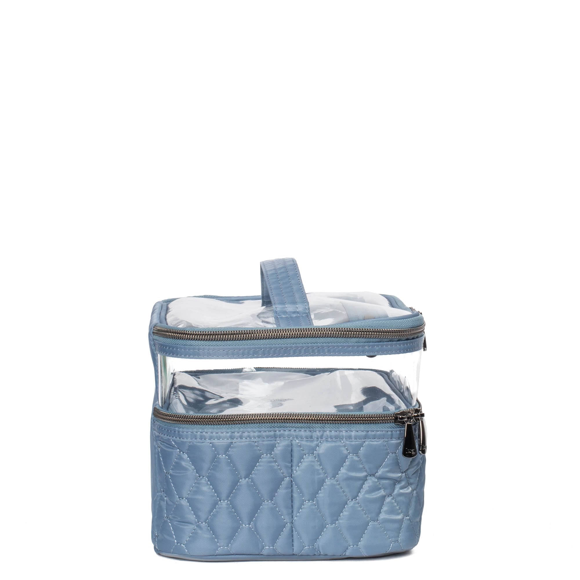 Blue Lug Whoosh Clearview cosmetic case with transparent design and zipper closure, perfect for organizing makeup and toiletries.