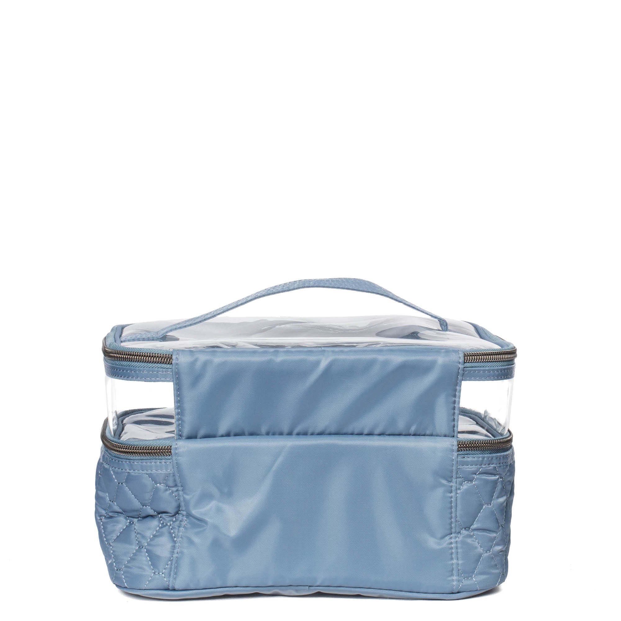 Blue Whoosh Clearview cosmetic case by Lug with transparent compartments and zipper closure, designed for organizing makeup and beauty products.