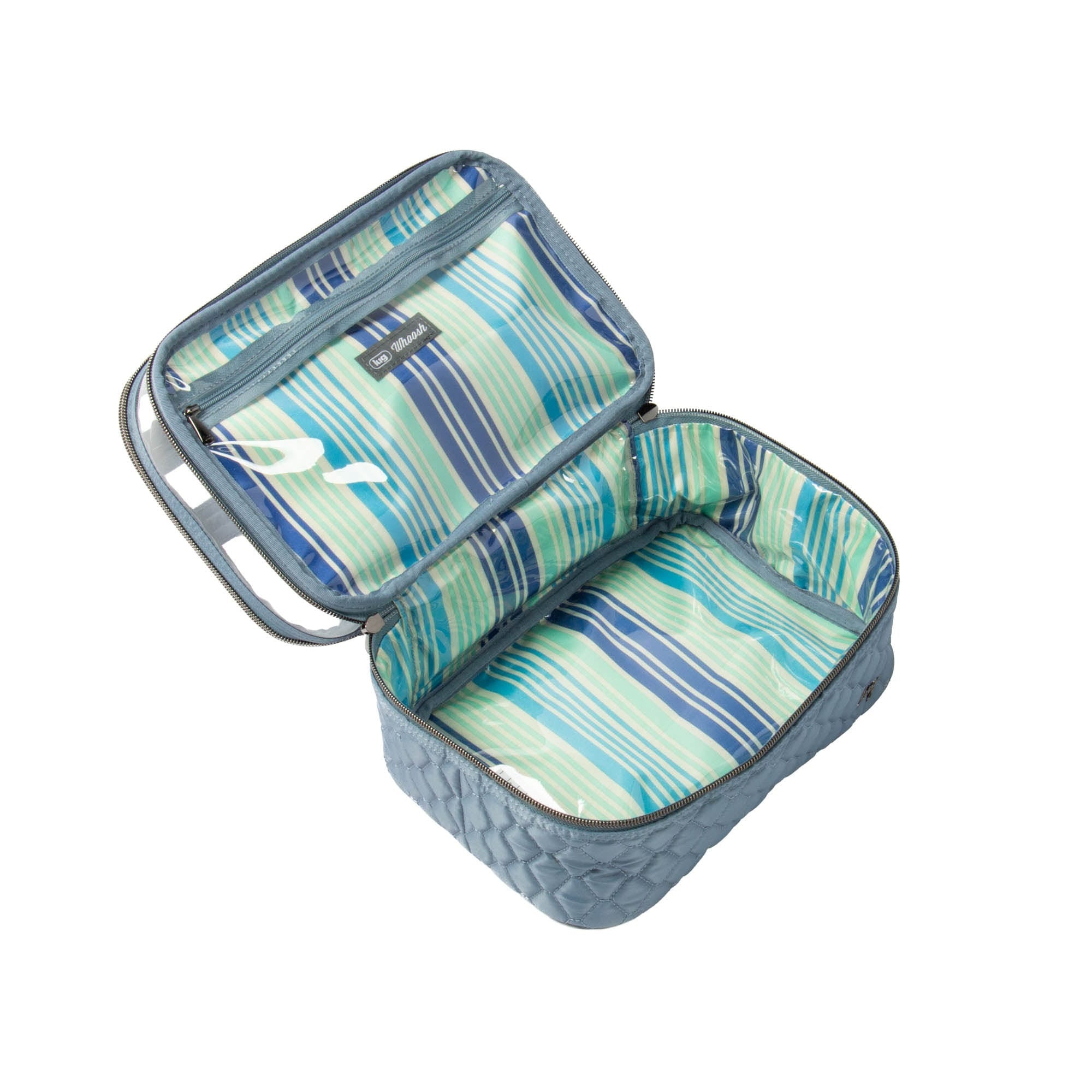Blue Whoosh Clearview cosmetic case by Lug, featuring transparent design with multiple compartments for organizing beauty essentials.