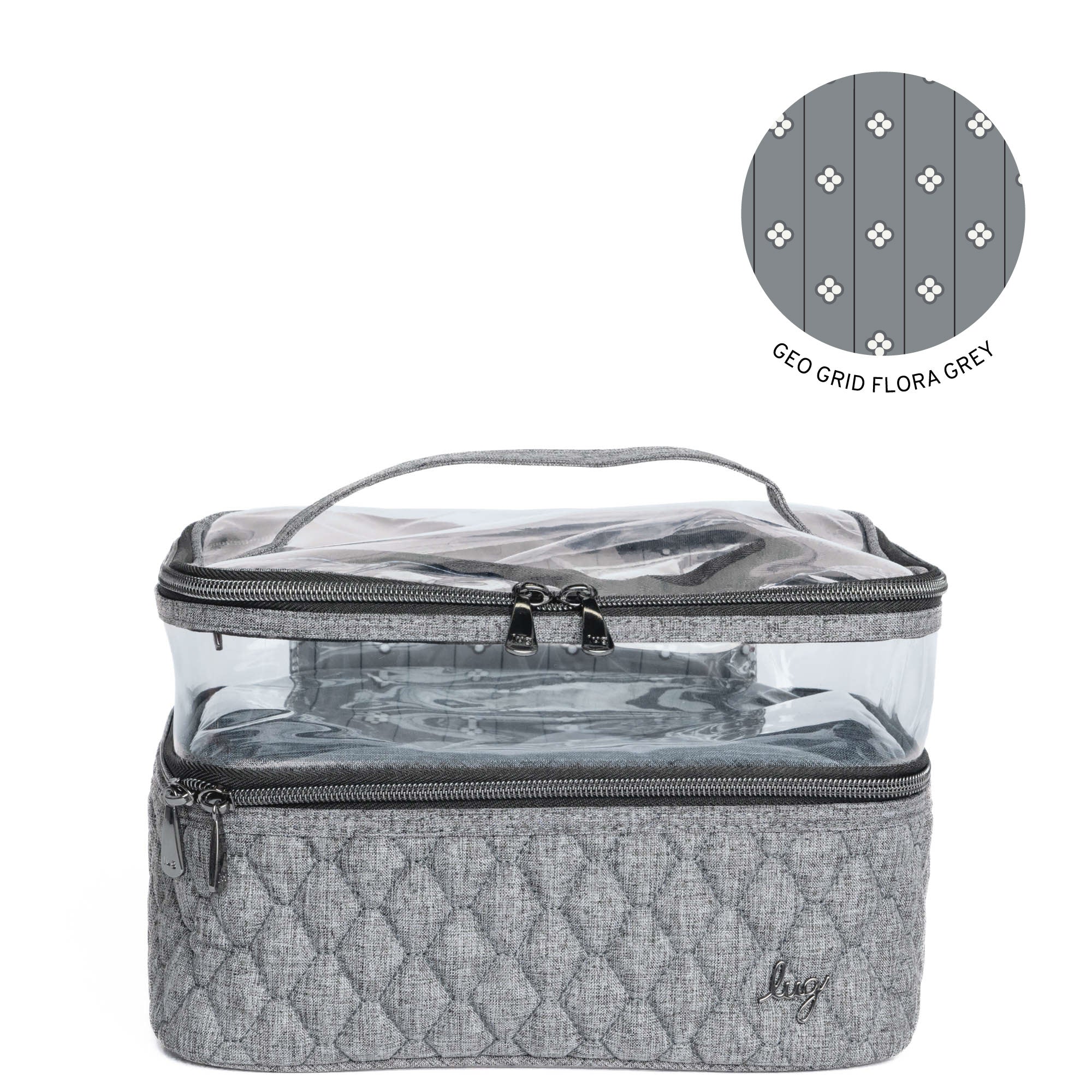 Heather grey Whoosh Clearview cosmetic case by Lug with transparent compartments for easy makeup and beauty product organization.