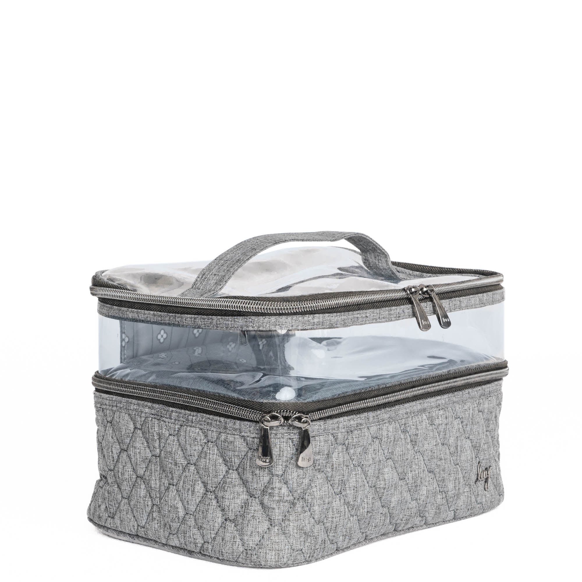 Heather grey Whoosh Clearview cosmetic case by Lug with transparent compartments for organizing makeup and beauty essentials.