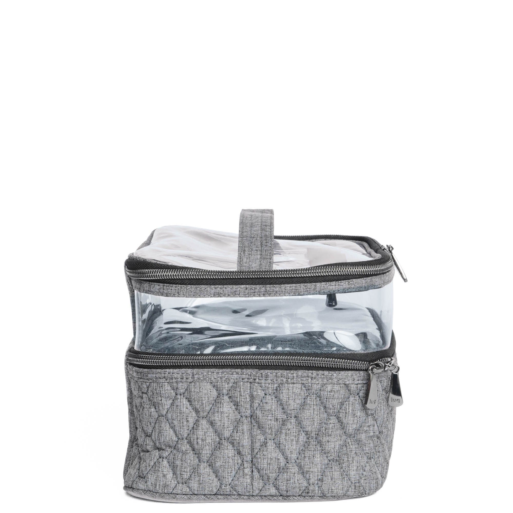 Heather grey Whoosh Clearview cosmetic case by Lug, showing transparent exterior with multiple compartments for makeup storage.