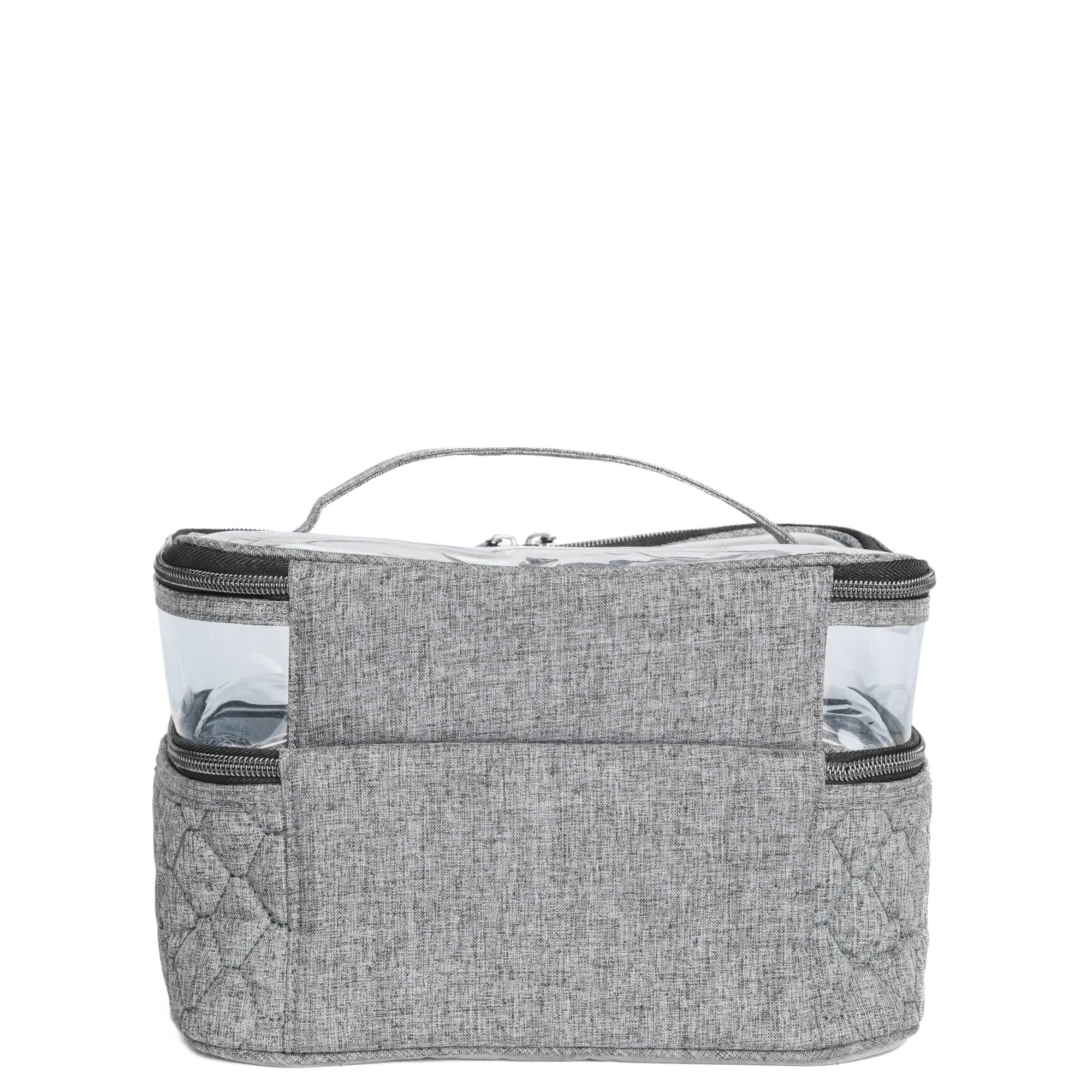 Heather grey Whoosh Clearview cosmetic case by Lug with transparent compartments and zipper closure, ideal for makeup organization.