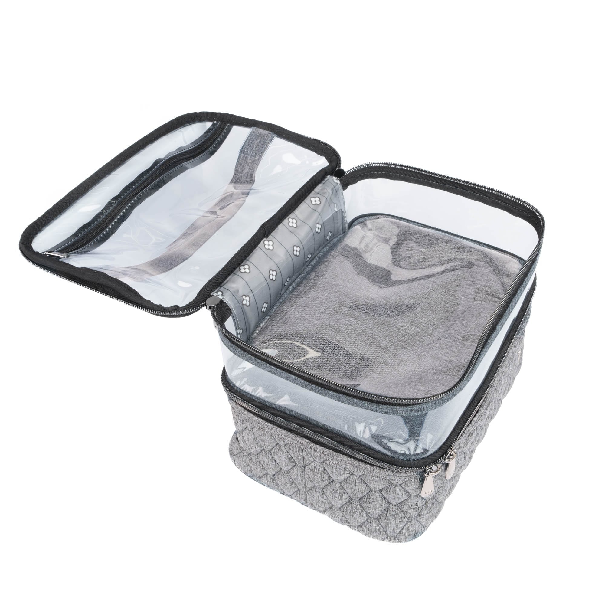 Heather grey Whoosh Clearview cosmetic case by Lug with transparent compartments and zippered closure for organized makeup storage.