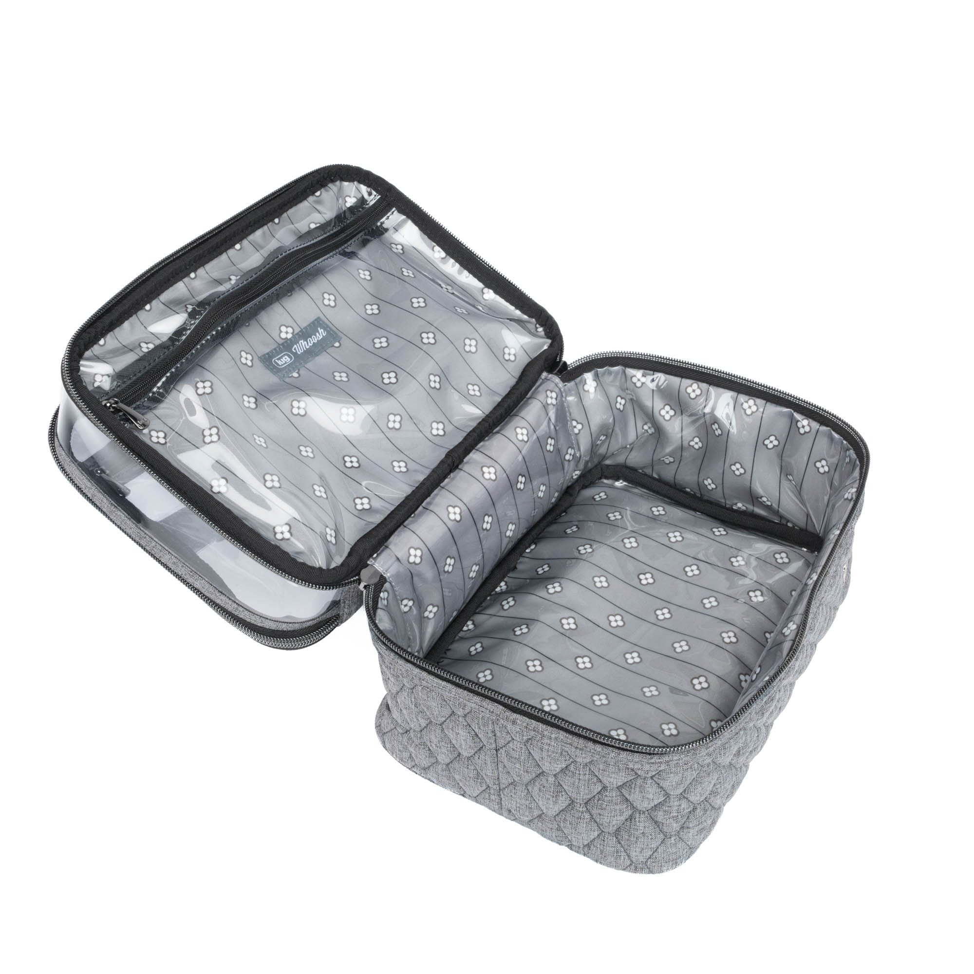 Heather grey Whoosh Clearview cosmetic case by Lug with transparent window and zipper closure for makeup storage.