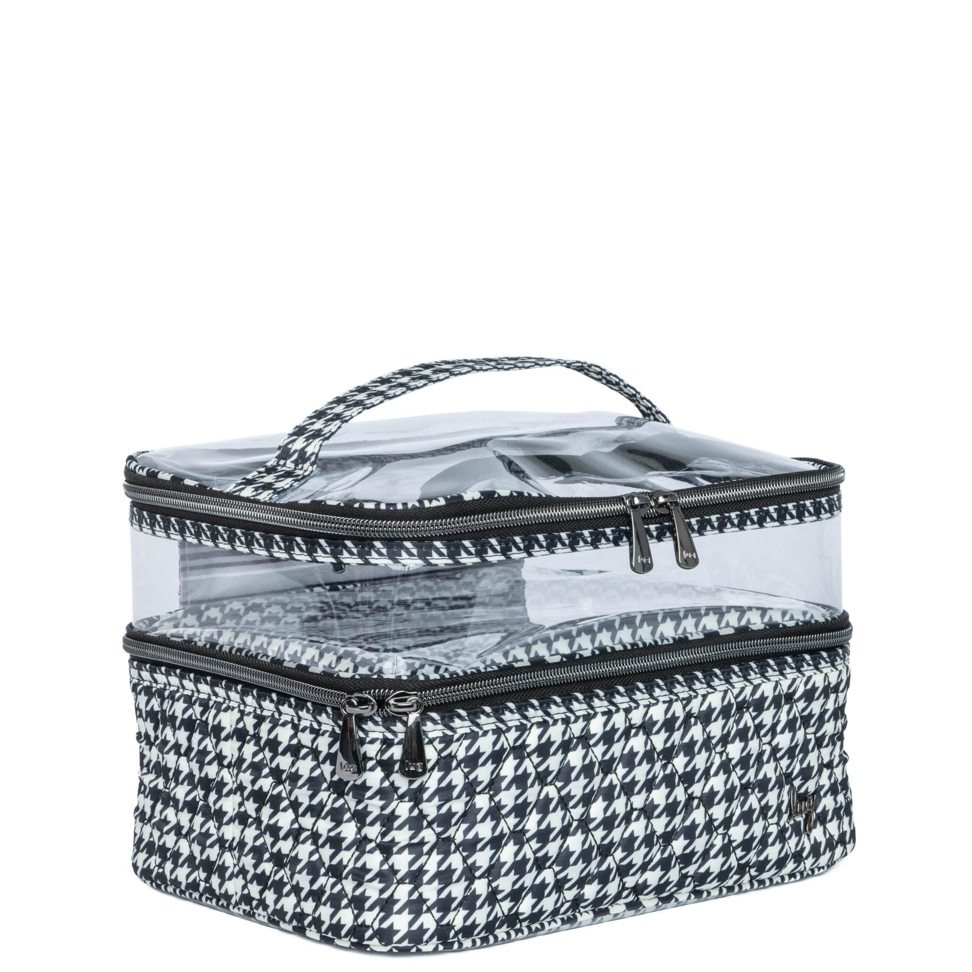 Lug Whoosh Clearview cosmetic case in houndstooth pattern with transparent compartments for makeup organization.
