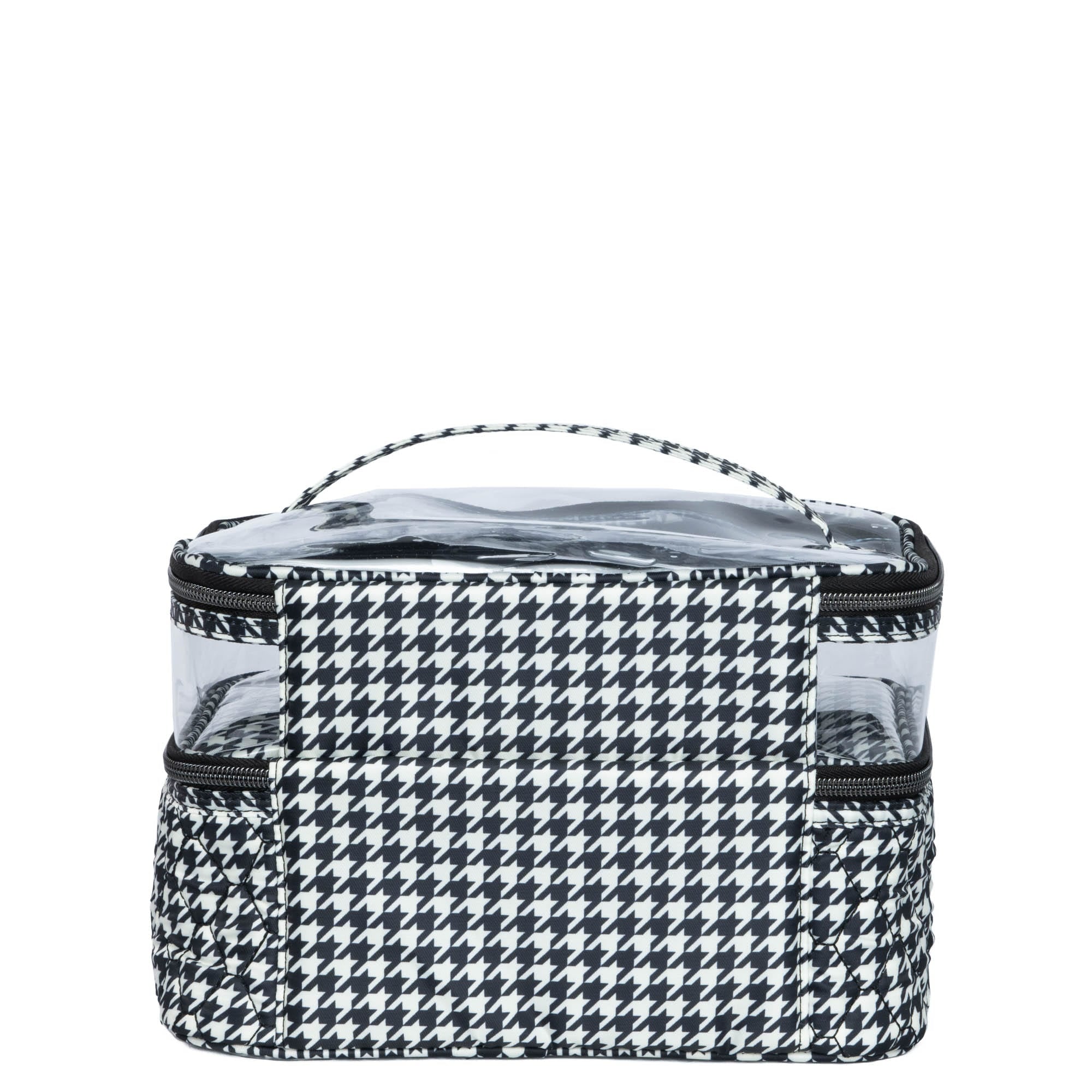 Lug Whoosh Clearview cosmetic case with houndstooth pattern, transparent sections for easy makeup and beauty product organization.