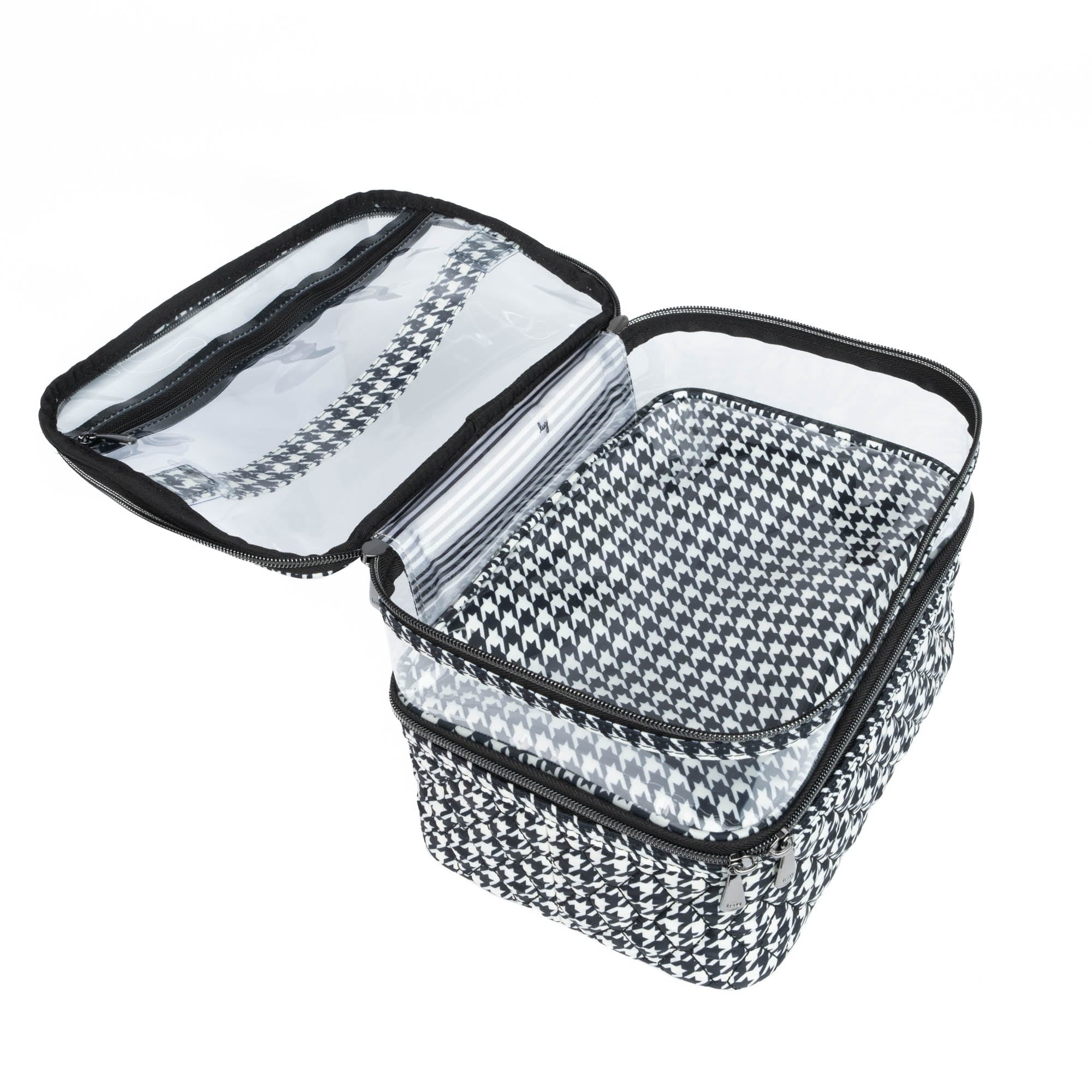 Lug Whoosh Clearview cosmetic case with houndstooth pattern, featuring transparent compartments and zipper closure for makeup storage.