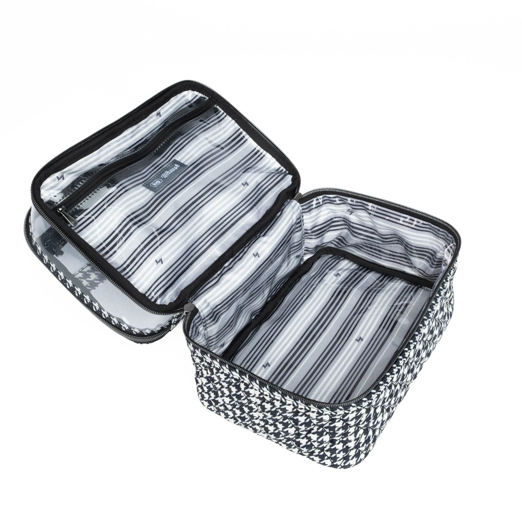 Lug Whoosh Clearview cosmetic case in houndstooth pattern, featuring transparent compartments and a sturdy handle for travel and organization.
