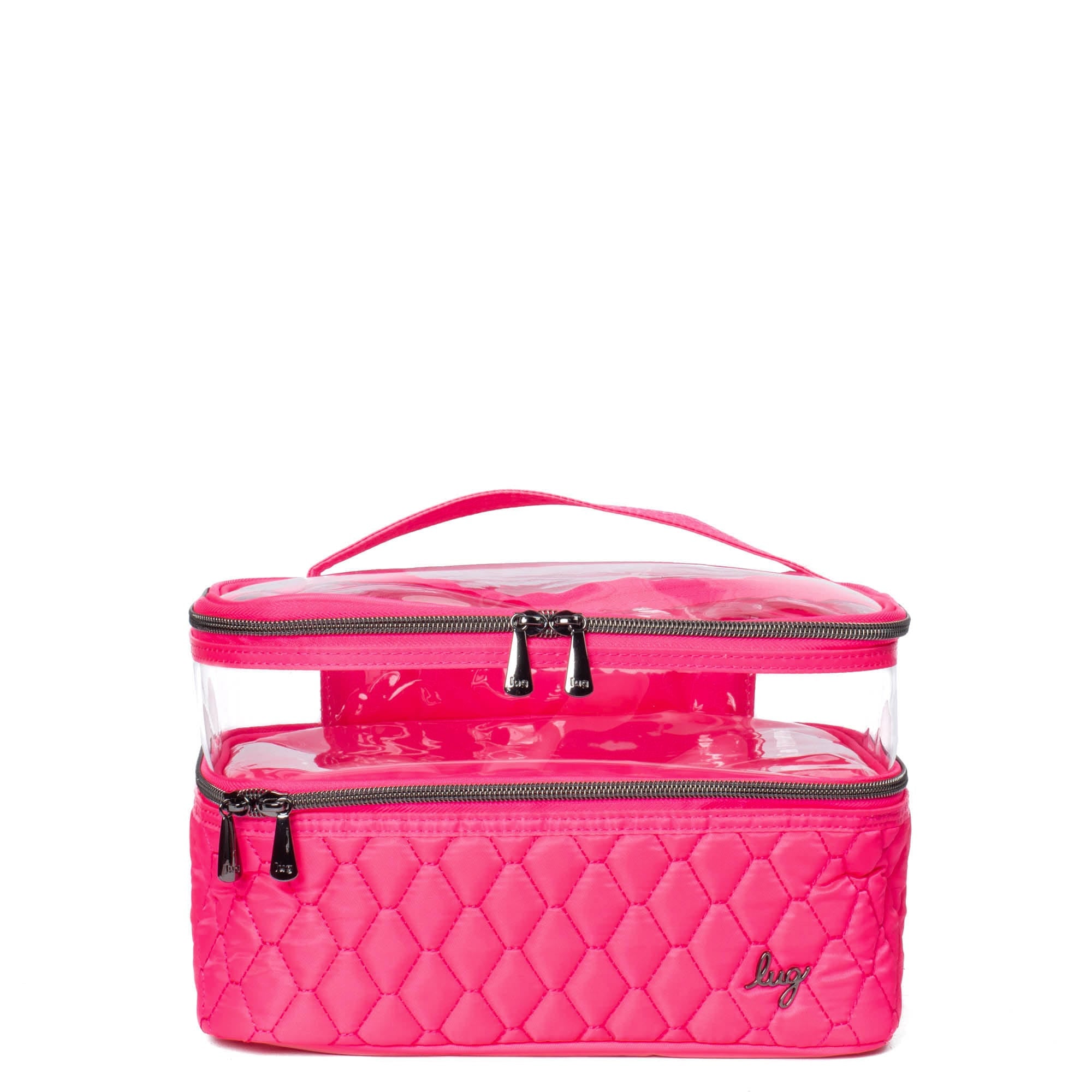 Magenta Whoosh Clearview cosmetic case by Lug with transparent compartments and zipper closure, designed for organizing beauty products.