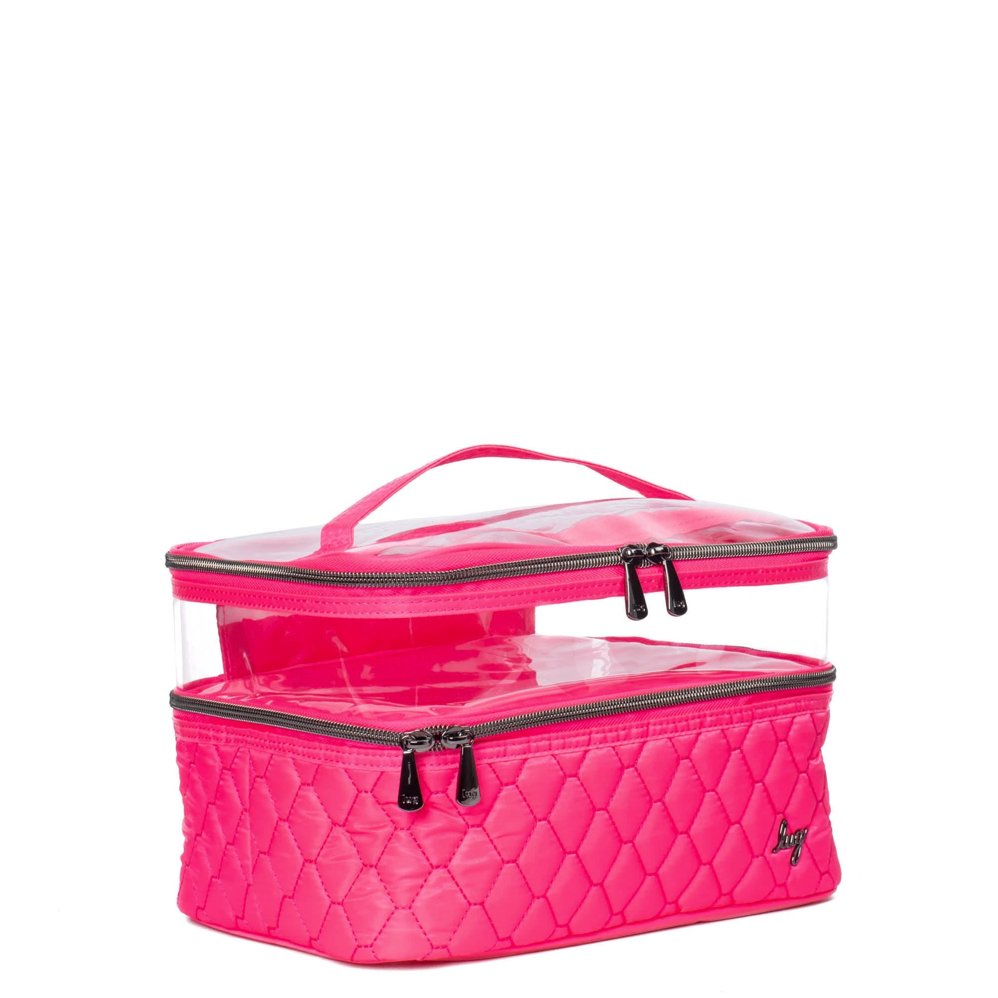 Magenta Whoosh Clearview cosmetic case by Lug with transparent compartments and zipper closure for organized makeup storage.