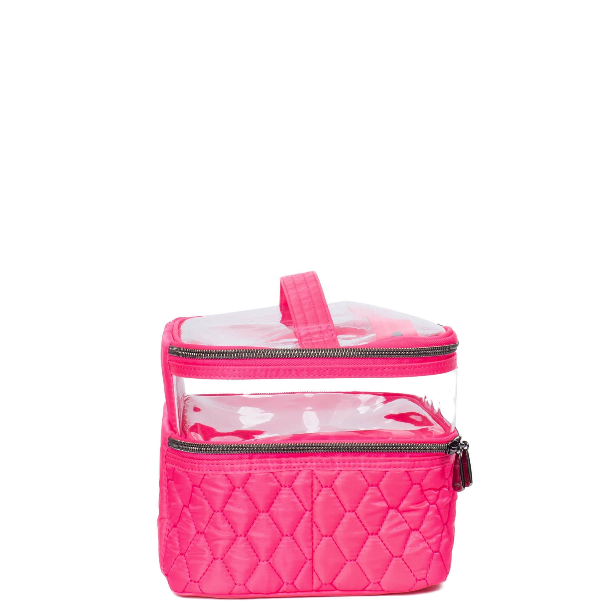 Magenta Whoosh Clearview cosmetic case by Lug, featuring transparent design and multiple compartments for makeup and beauty essentials.