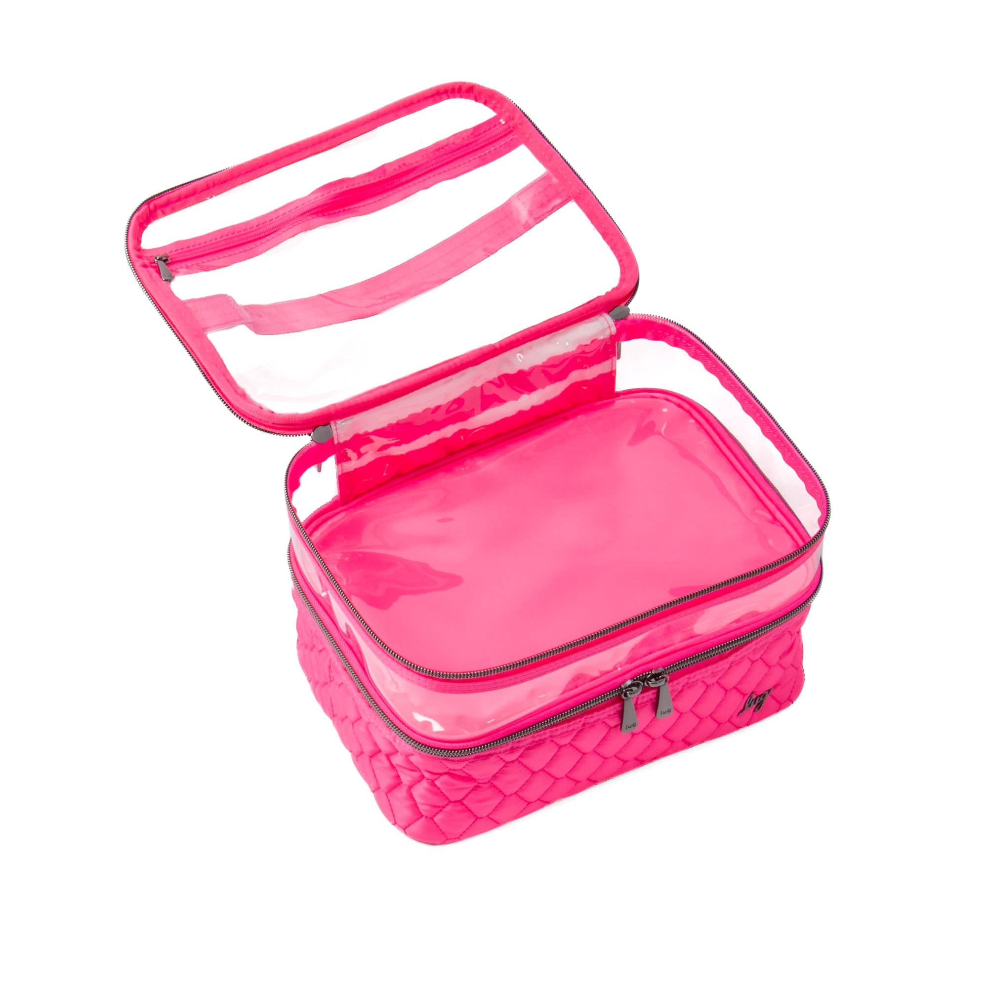 Magenta Whoosh Clearview cosmetic case by Lug with transparent compartments for organized makeup storage.