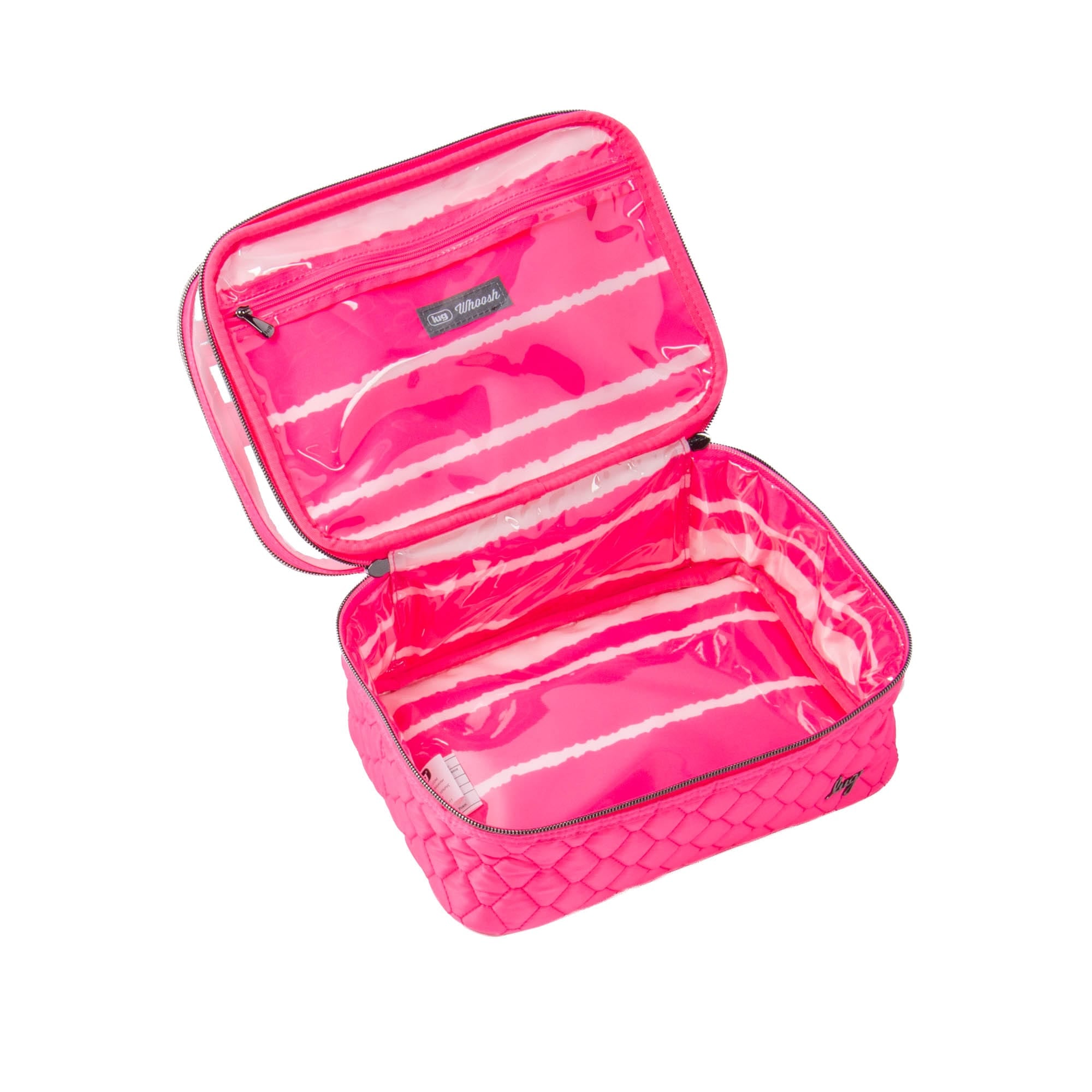 Magenta Whoosh Clearview cosmetic case by Lug with transparent compartments for organizing makeup and beauty products.