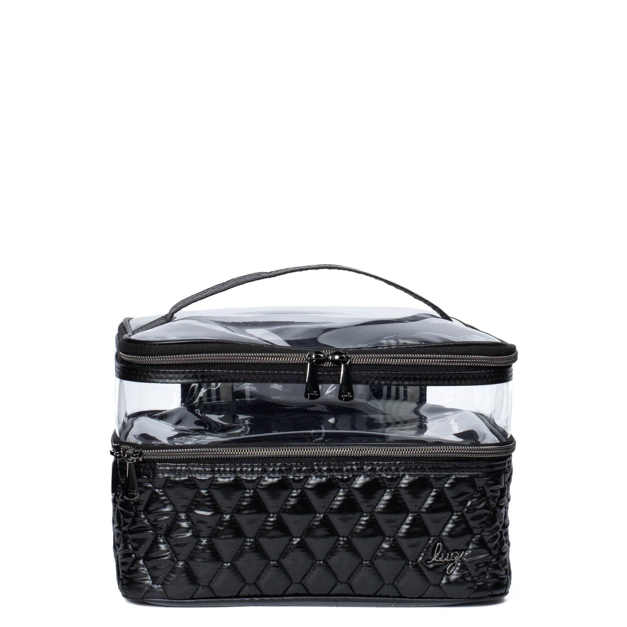 Black metallic Lug Whoosh Clearview cosmetic case with transparent compartments for organizing makeup and beauty products.