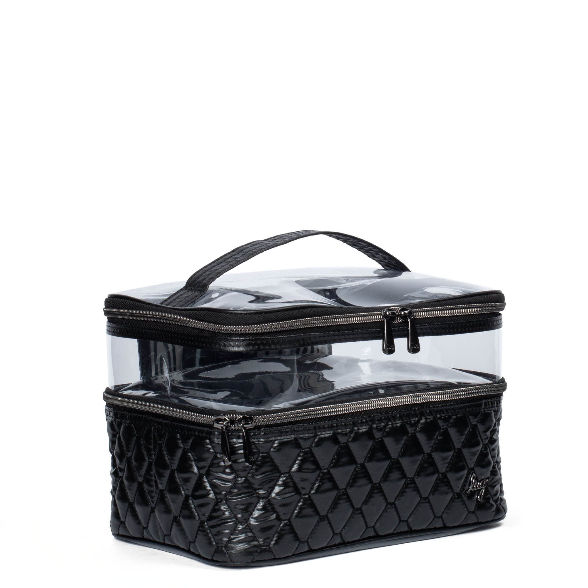 Metallic black Whoosh Clearview cosmetic case by Lug with transparent compartments for organized makeup storage.