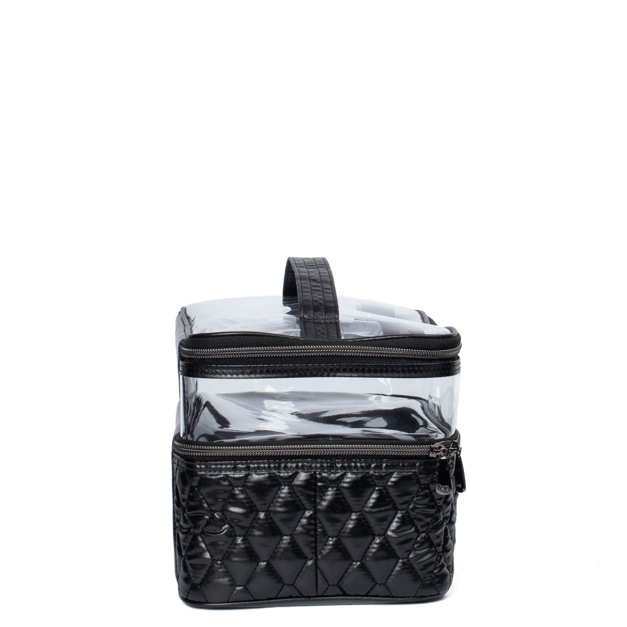 Lug Whoosh Clearview metallic black cosmetic case with transparent compartments and zipper closure for organized makeup storage.