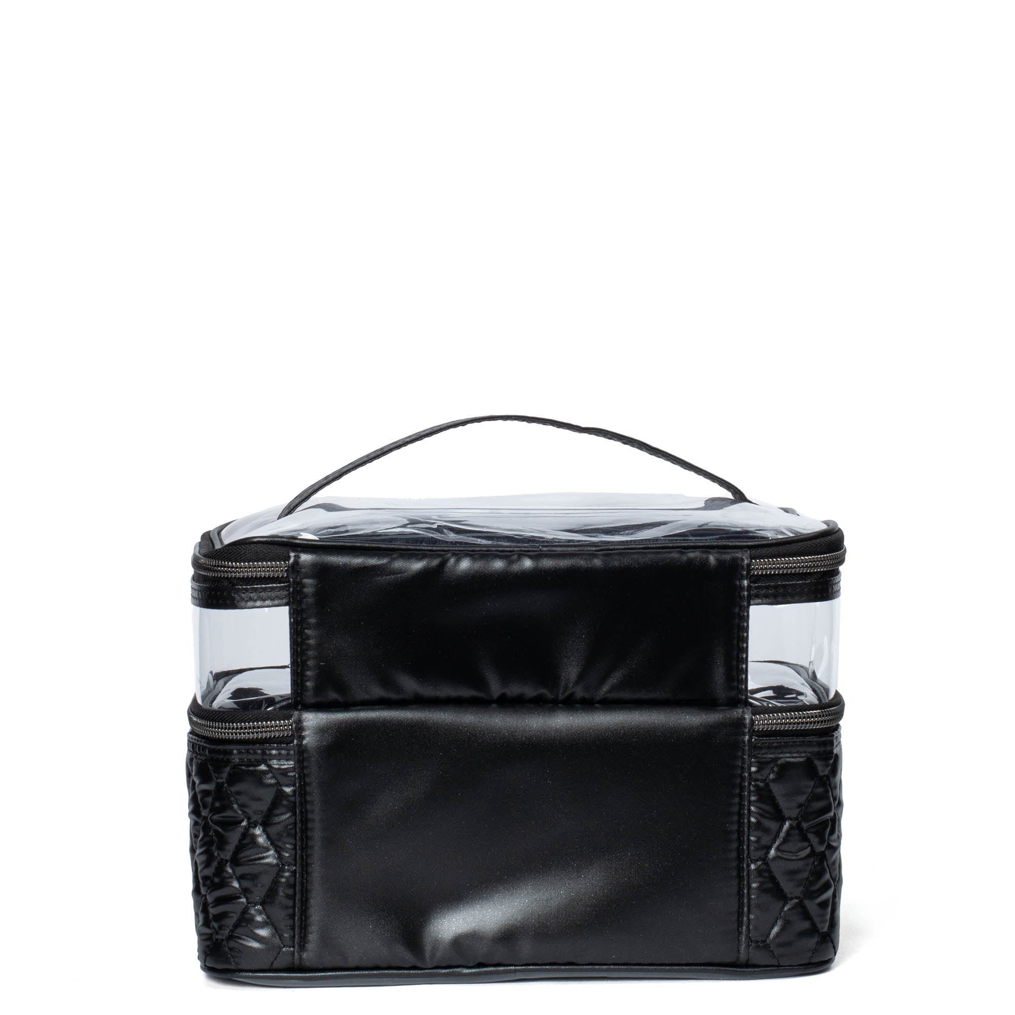 Black metallic Lug Whoosh Clearview cosmetic case with transparent compartments for easy organization and storage of beauty products.