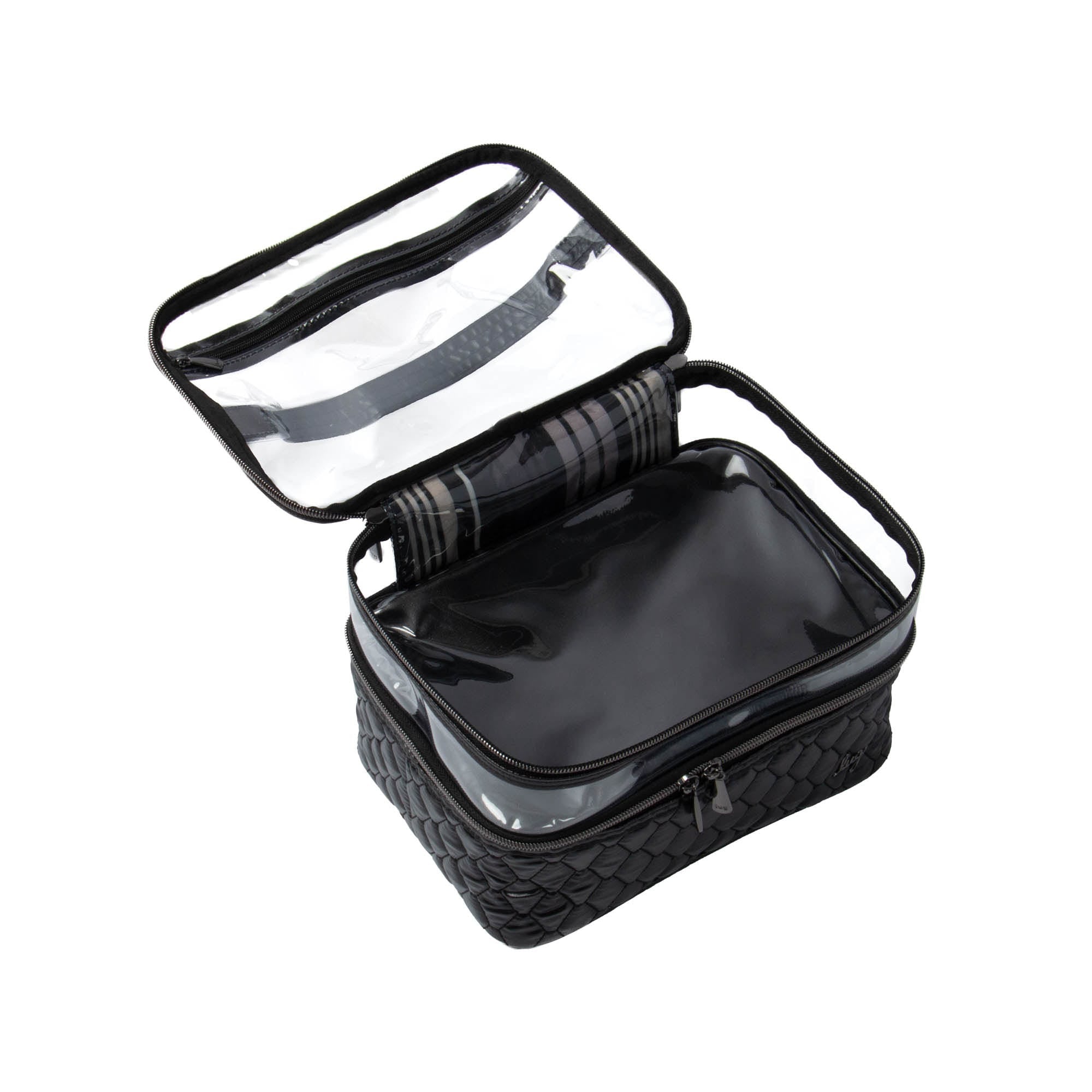 Black metallic Lug Whoosh Clearview cosmetic case open with organized compartments and makeup brushes inside.