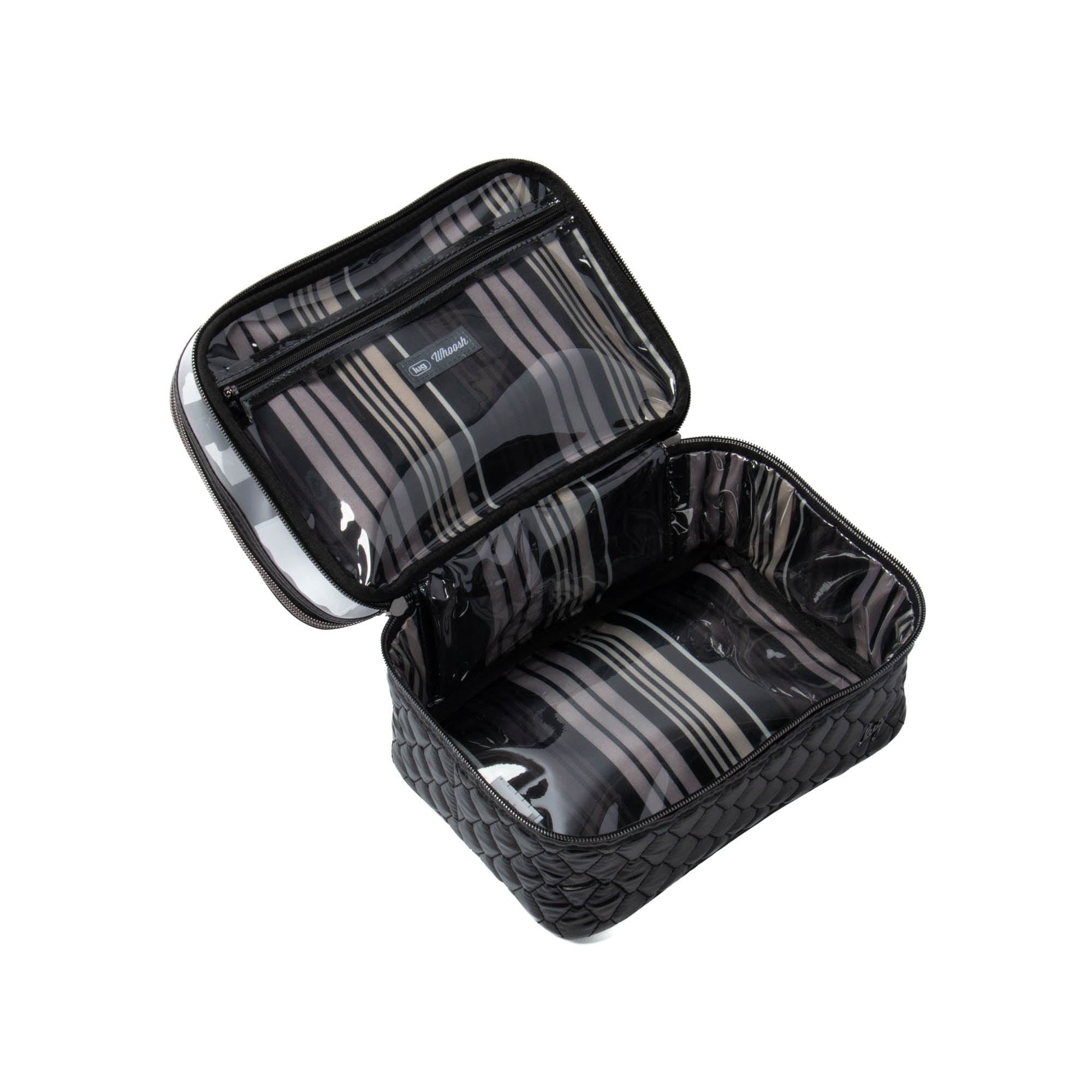 Lug Whoosh Clearview metallic black cosmetic case with transparent compartments and zipper closure for organized makeup storage.