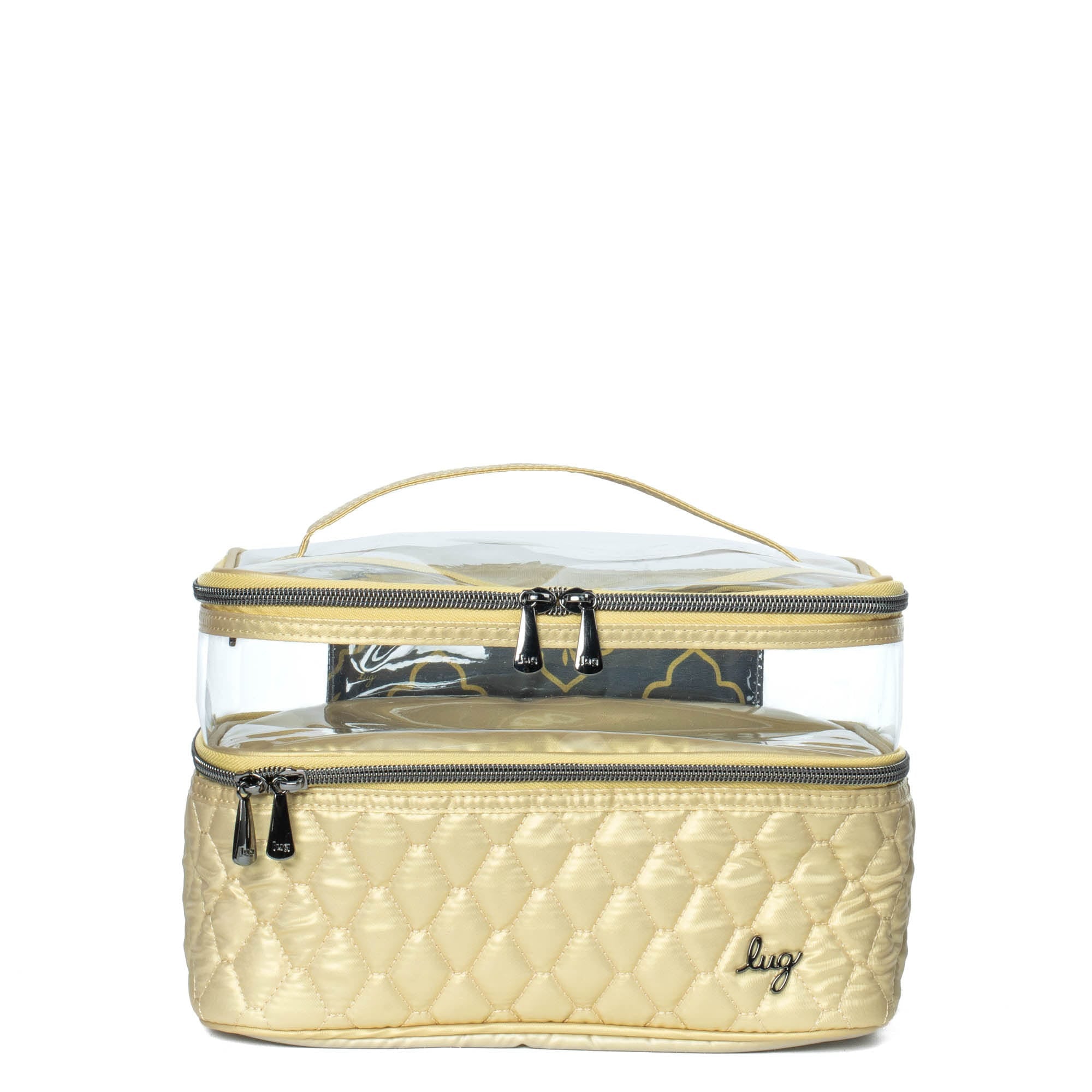 Metallic gold Whoosh Clearview cosmetic case by Lug with transparent compartments for easy makeup organization.